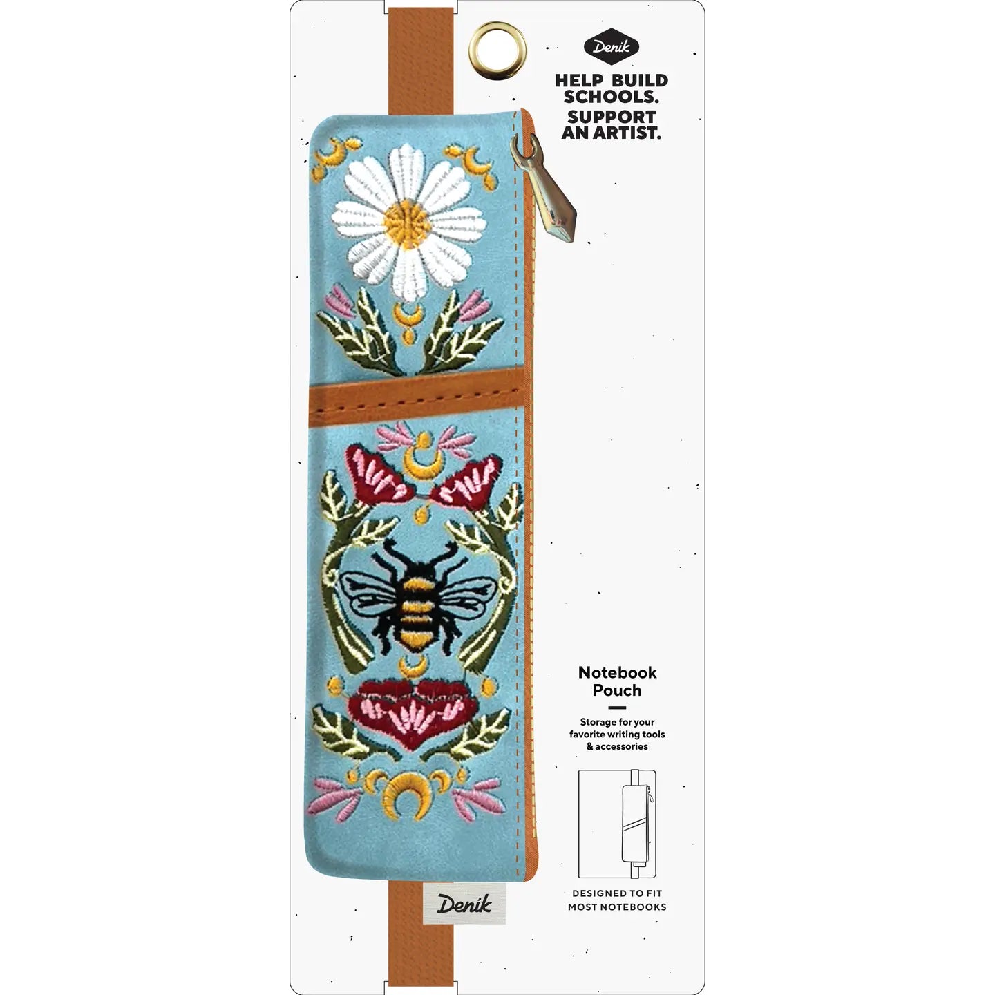 Shop Denik Embroidered Bee Vegan Leather Pouch—stylish stationery organizer, perfect eco gift for students and professionals.