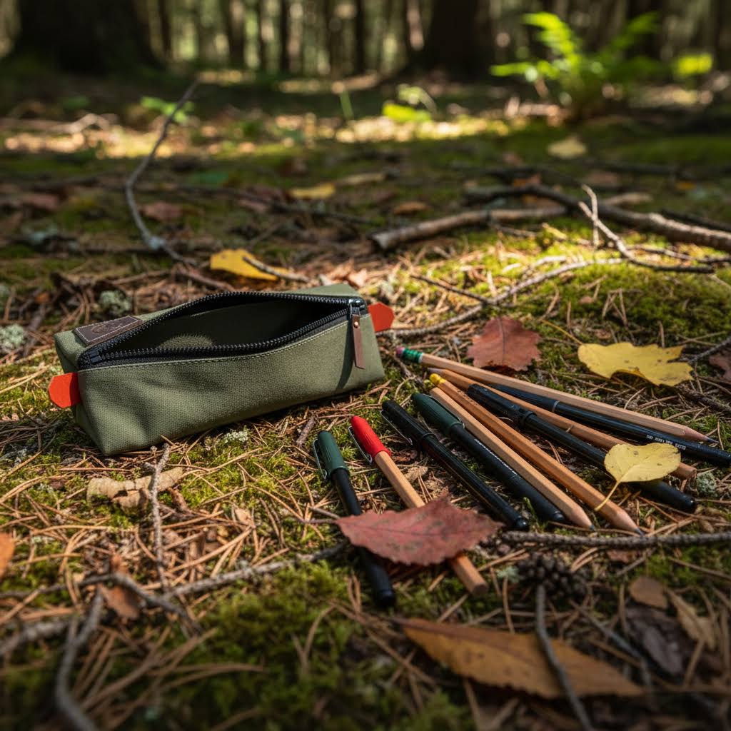 Forager Provisions LTD green canvas pencil case with stationery on a forest floor with fallen leaves and moss