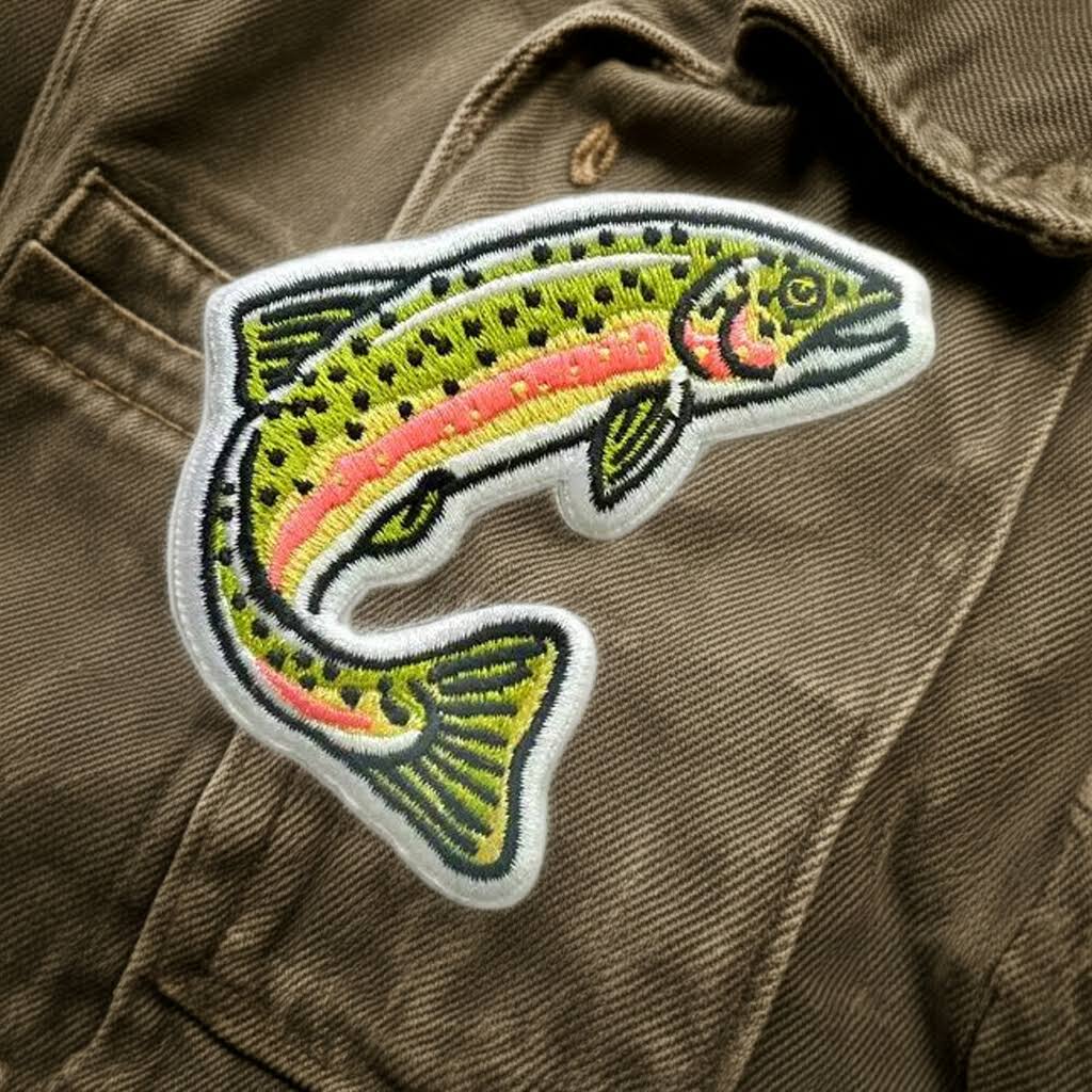 Forager Provisions LTD jumping salmon embroidered iron-on patch on a brown canvas jacket