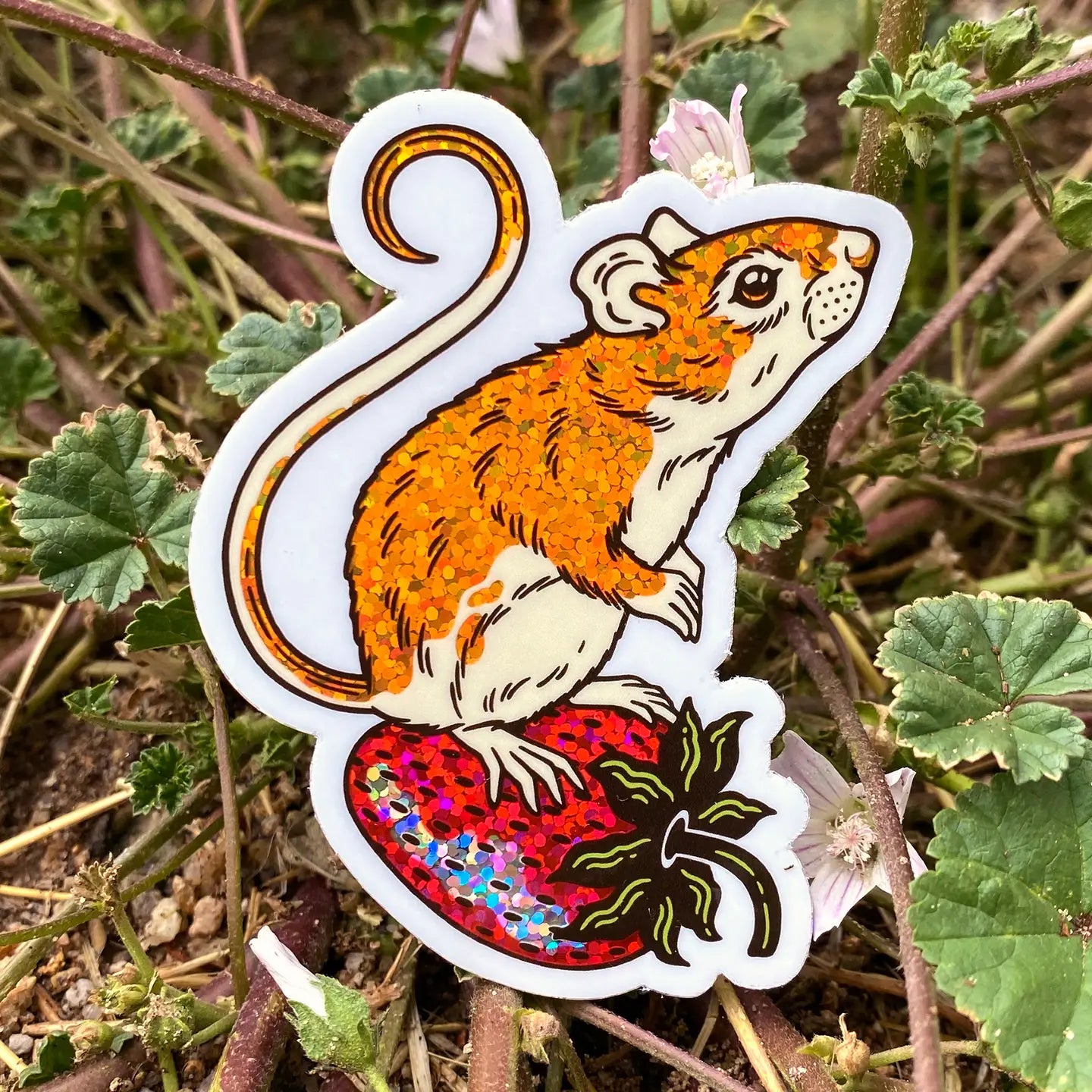 Shop Kate O’Hara Strawberry Mouse Glitter Waterproof Sticker—cute cottagecore gift, perfect for planners, laptops, and sticker lovers.