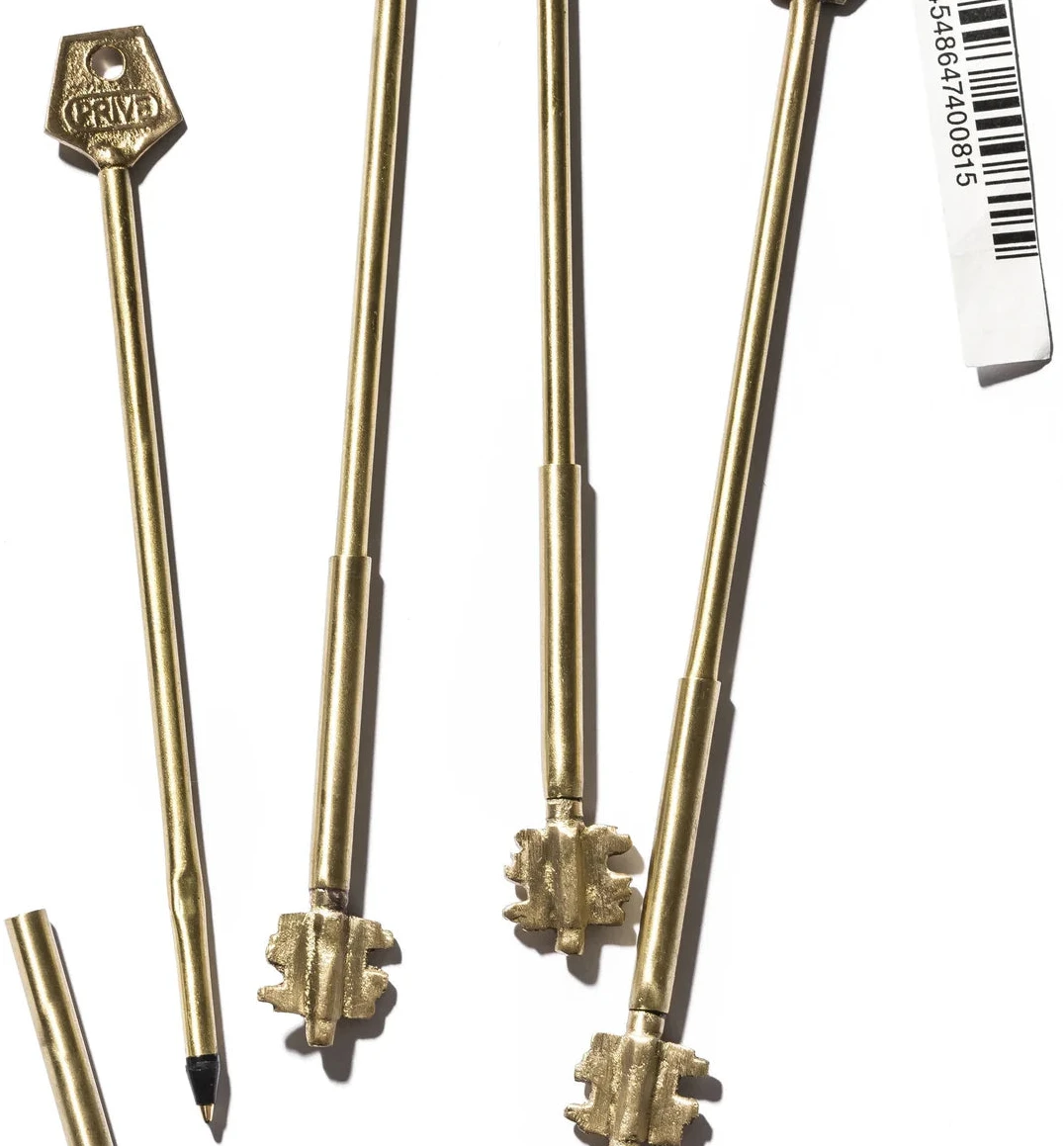 Brass key pen by Forager Provisions—vintage key shape, unique gift, barcode shown on white, collectible stationery accessory.