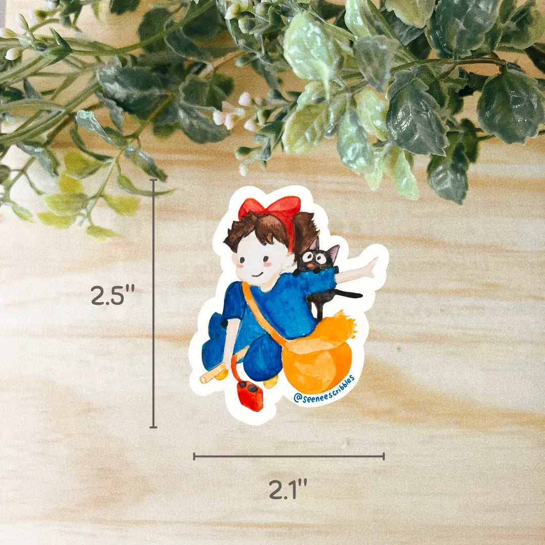 The Seenee Scribbles Studio Ghibli Inspired Kiki Delivery Service Sticker features a charming cartoon girl in a blue outfit with a red bow, holding a broomstick and accompanied by an adorable black cat. Encircled by green leaves on a wooden surface, she evokes the enchanting essence of Kiki's Delivery Service. Ideal for vinyl stickers!