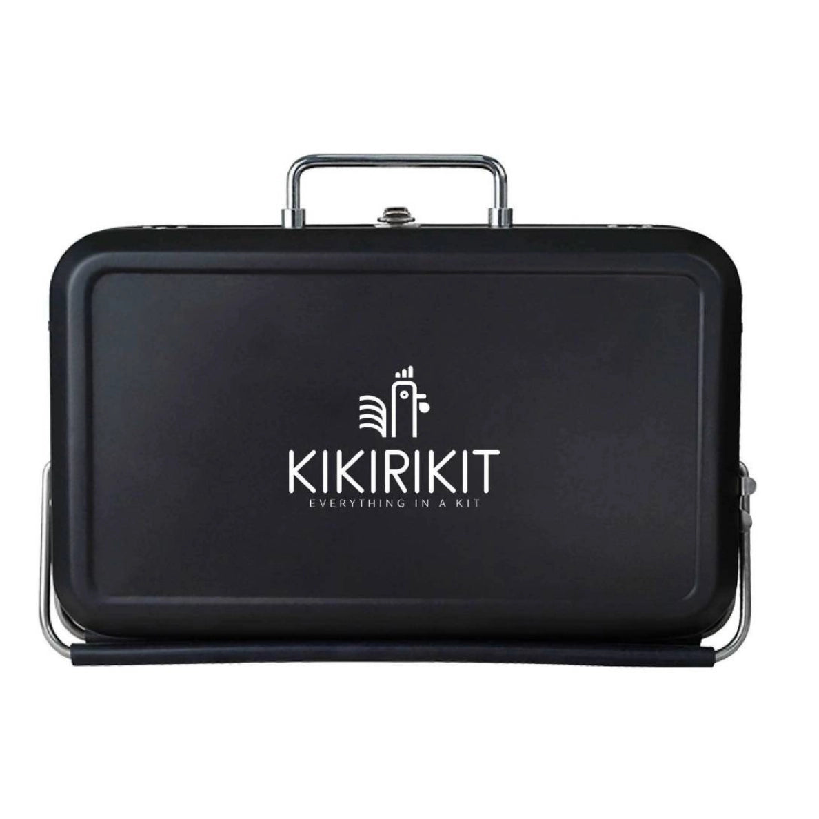 Kikirikit foldable portable charcoal barbecue kit in black with handle and logo—ideal compact grill for outdoor BBQ and camping.