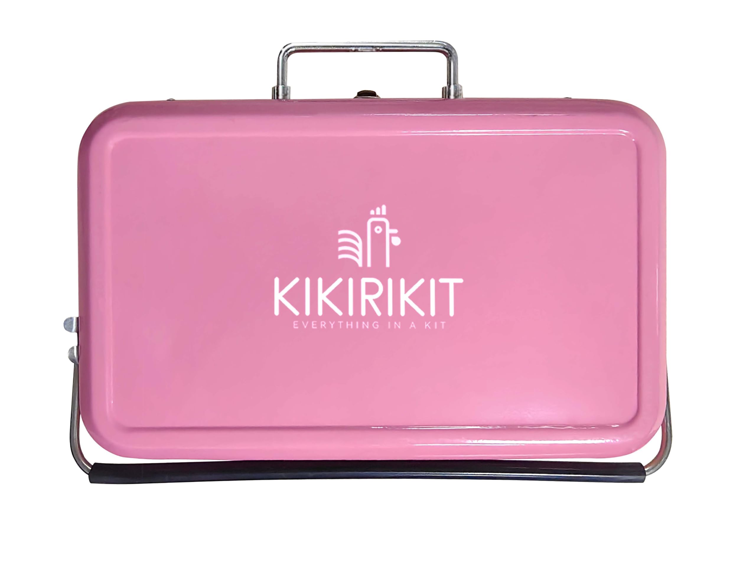 Kikirikit Candy Pink Foldable Charcoal Barbecue Kit with handle and front logo, portable BBQ grill for outdoor cooking.
