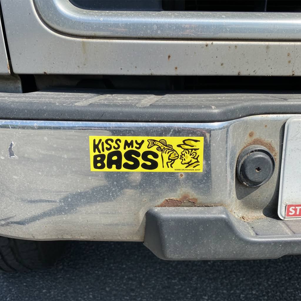 Forager Provisions LTD Kiss My Bass vinyl bumper sticker applied to a silver truck bumper