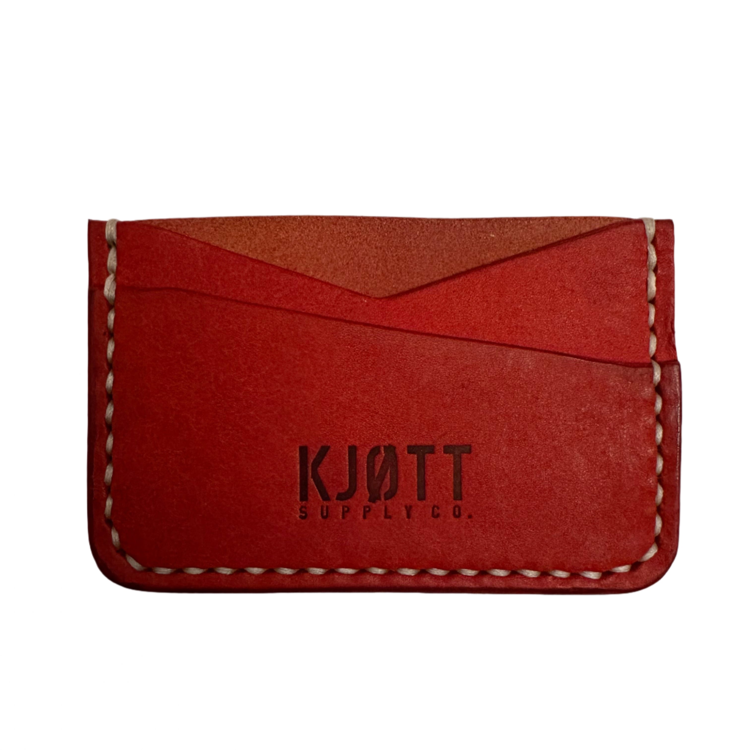 Kjøtt Leather 008 Horizontal Card Holder in Italian Papavero Red leather with white stitching, luxury minimalist wallet.