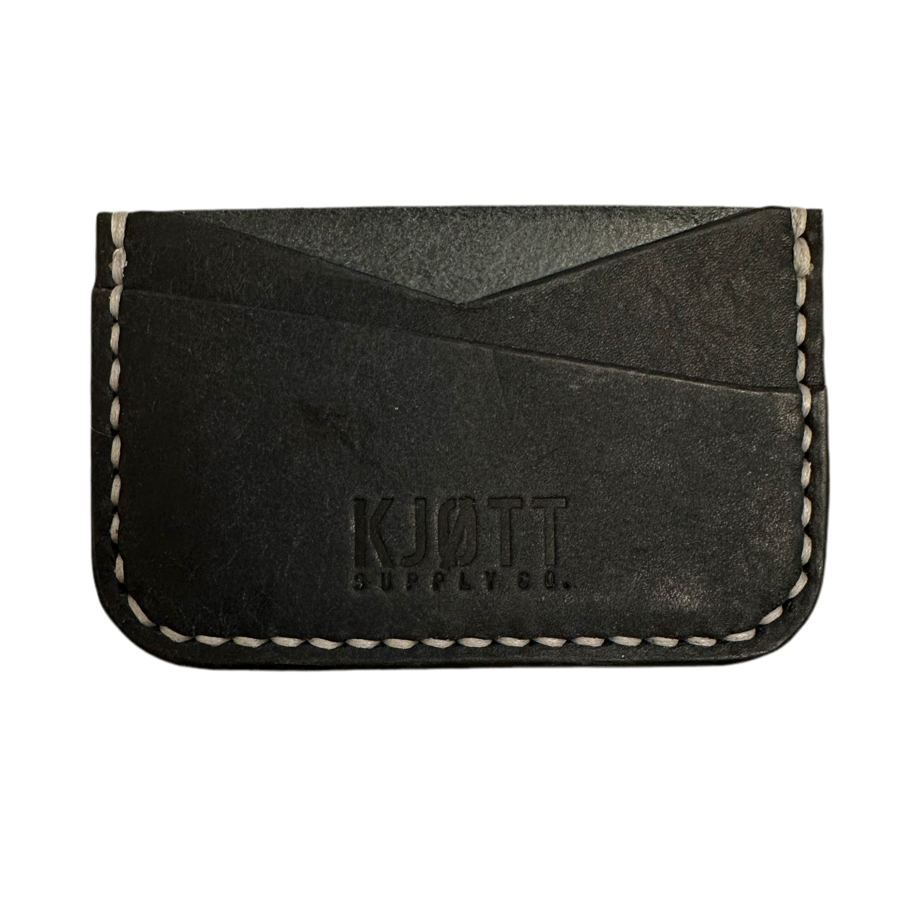 Pueblo Navy Kjøtt Supply Co Leather 008 Horizontal Card Holder with white stitching, embossed logo, slim wallet design.