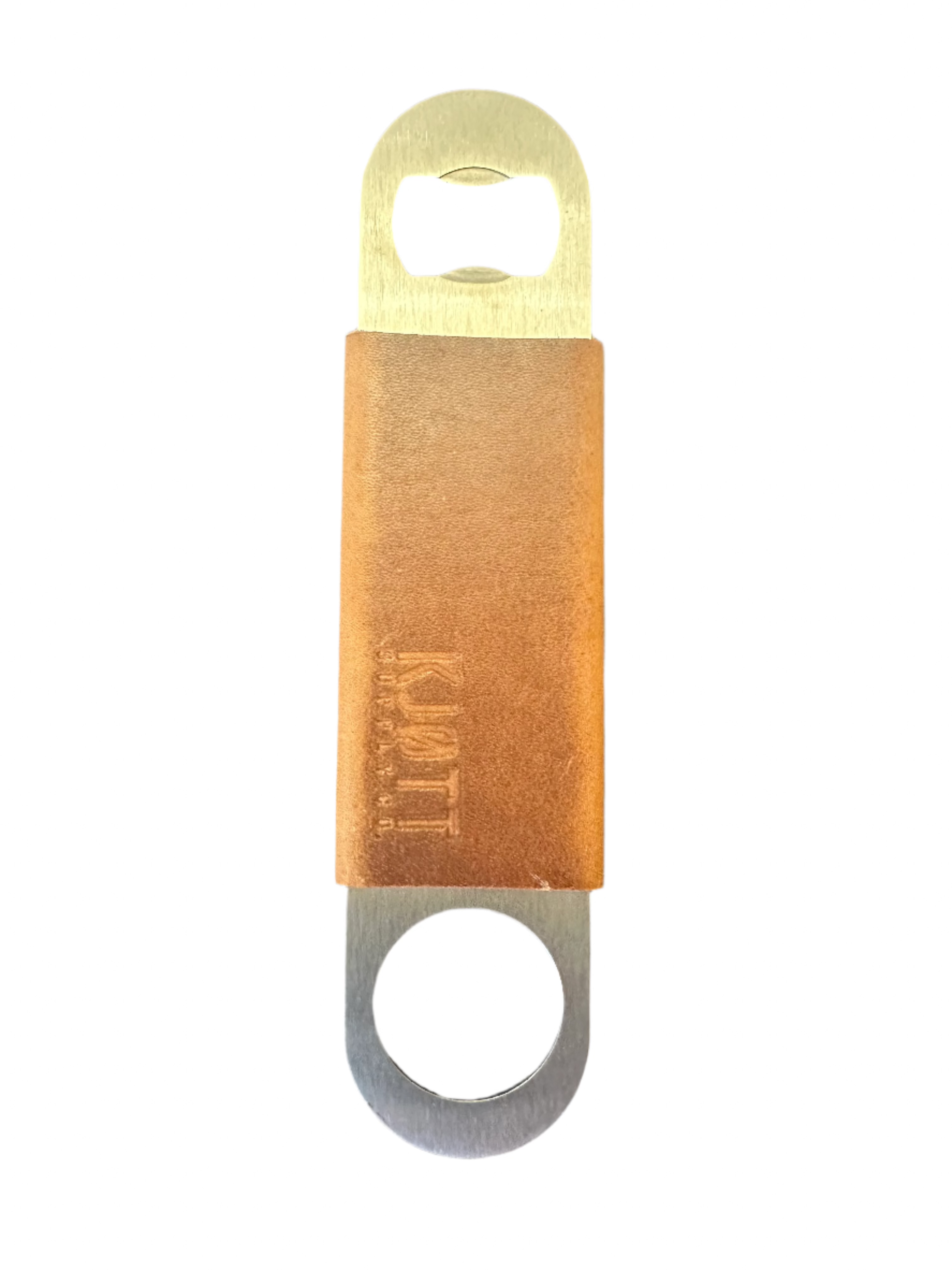 Kjøtt Leather Bar Blade: premium Horween leather grip, stainless steel bottle opener for bartenders. Shown on white background.