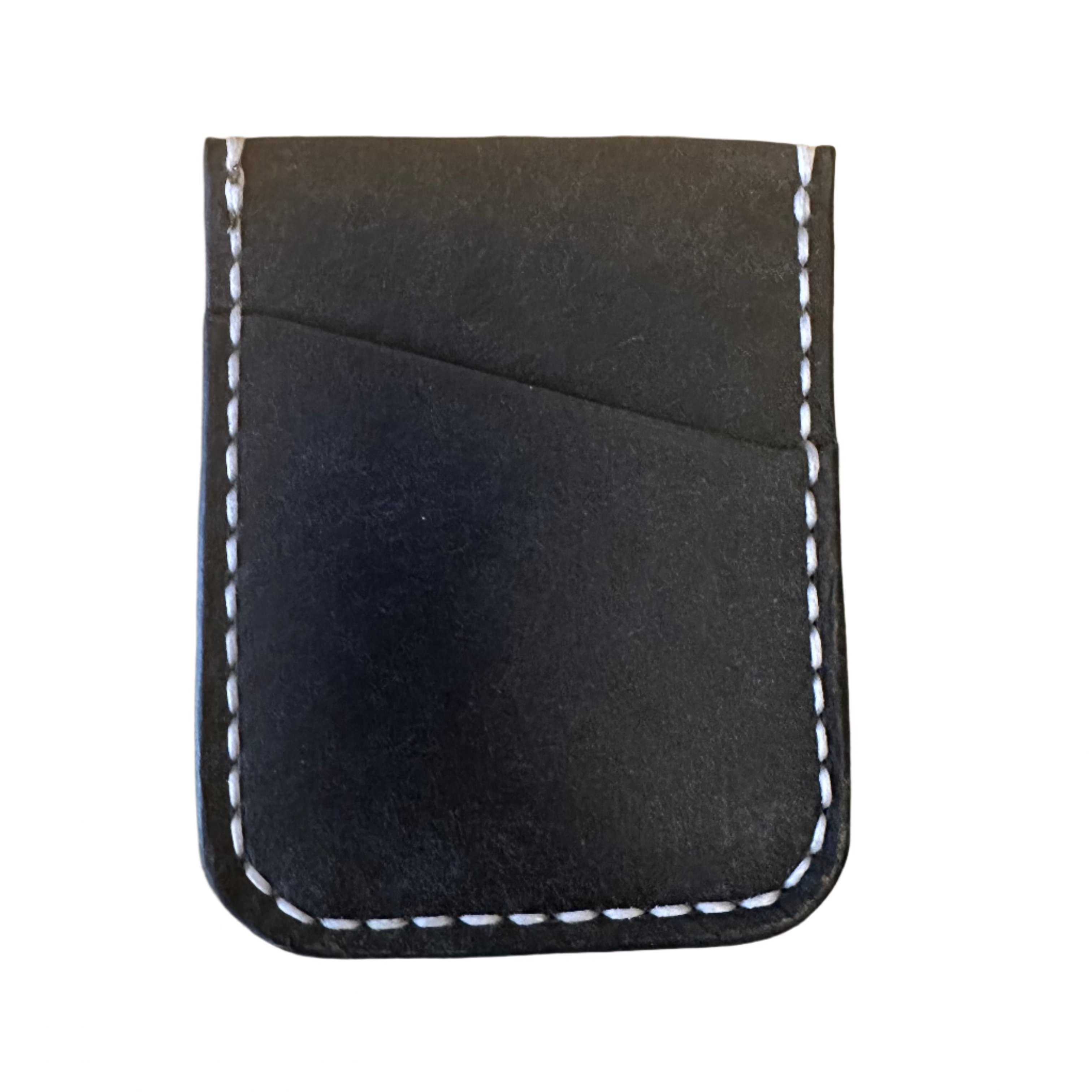Navy Kjøtt Supply Co Leather 005 Vertical Card Holder, white stitching, diagonal front pocket; minimalist wallet on white.