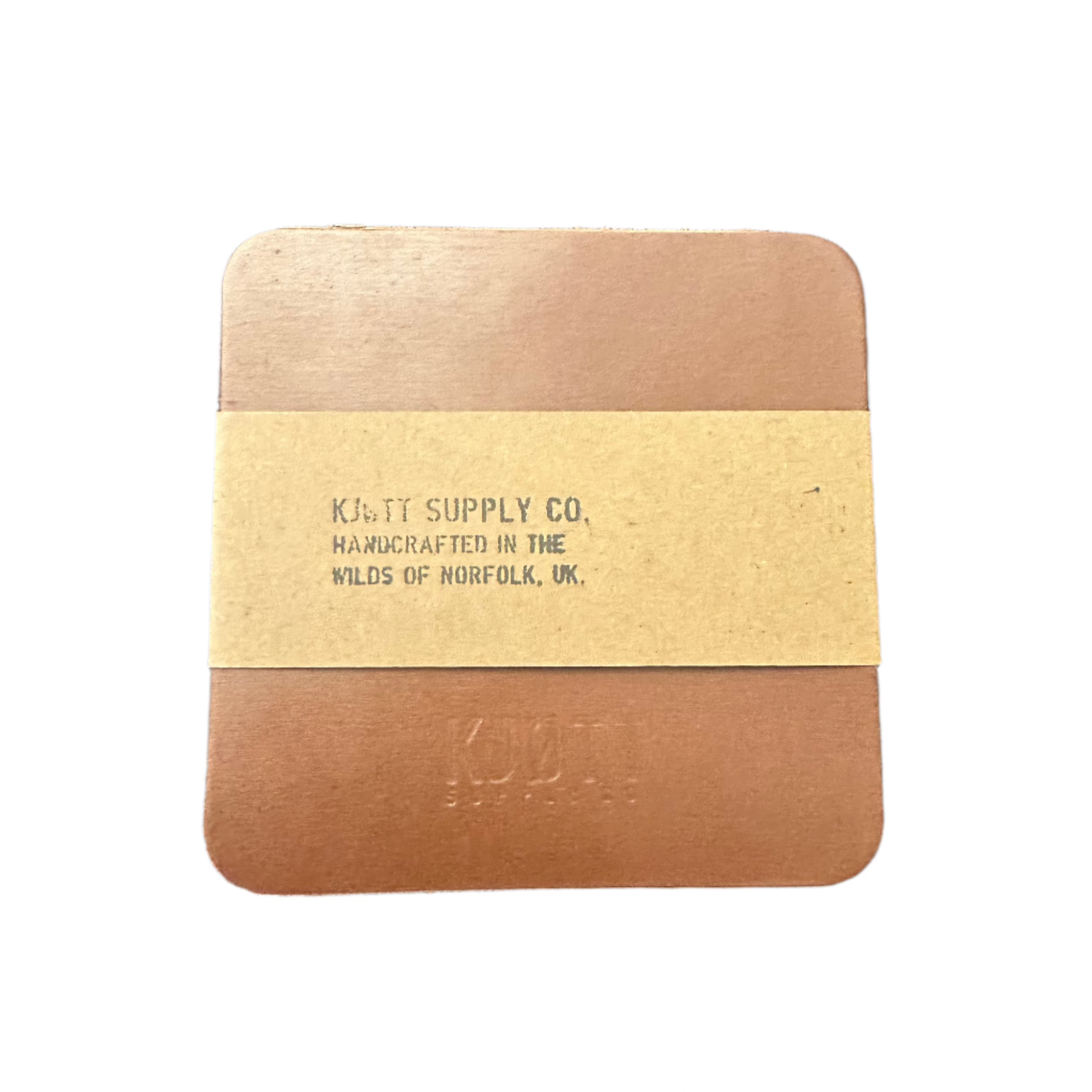 Premium handcrafted Kjøtt Brown leather coasters, made in Norfolk UK, stylish branded drink mats for home or office decor.
