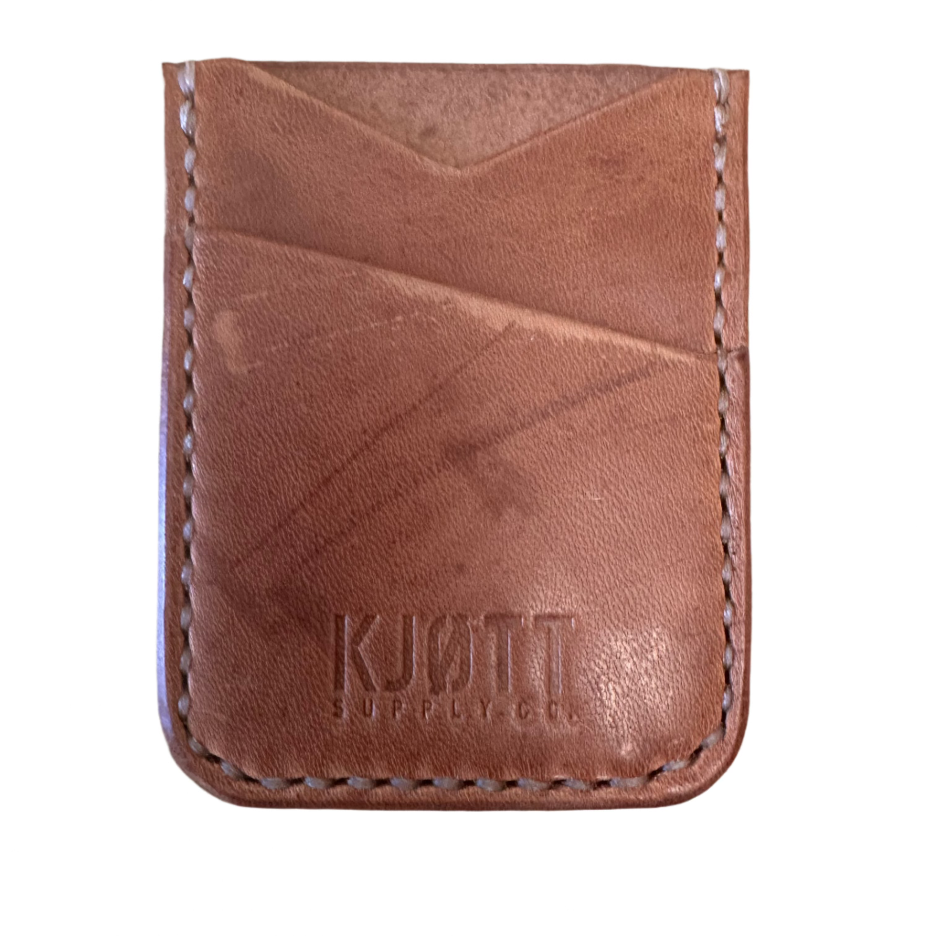Kjøtt Supply Co Leather 005 Card Holder in Horween Natural leather, visible stitching, embossed logo, luxury slim wallet.
