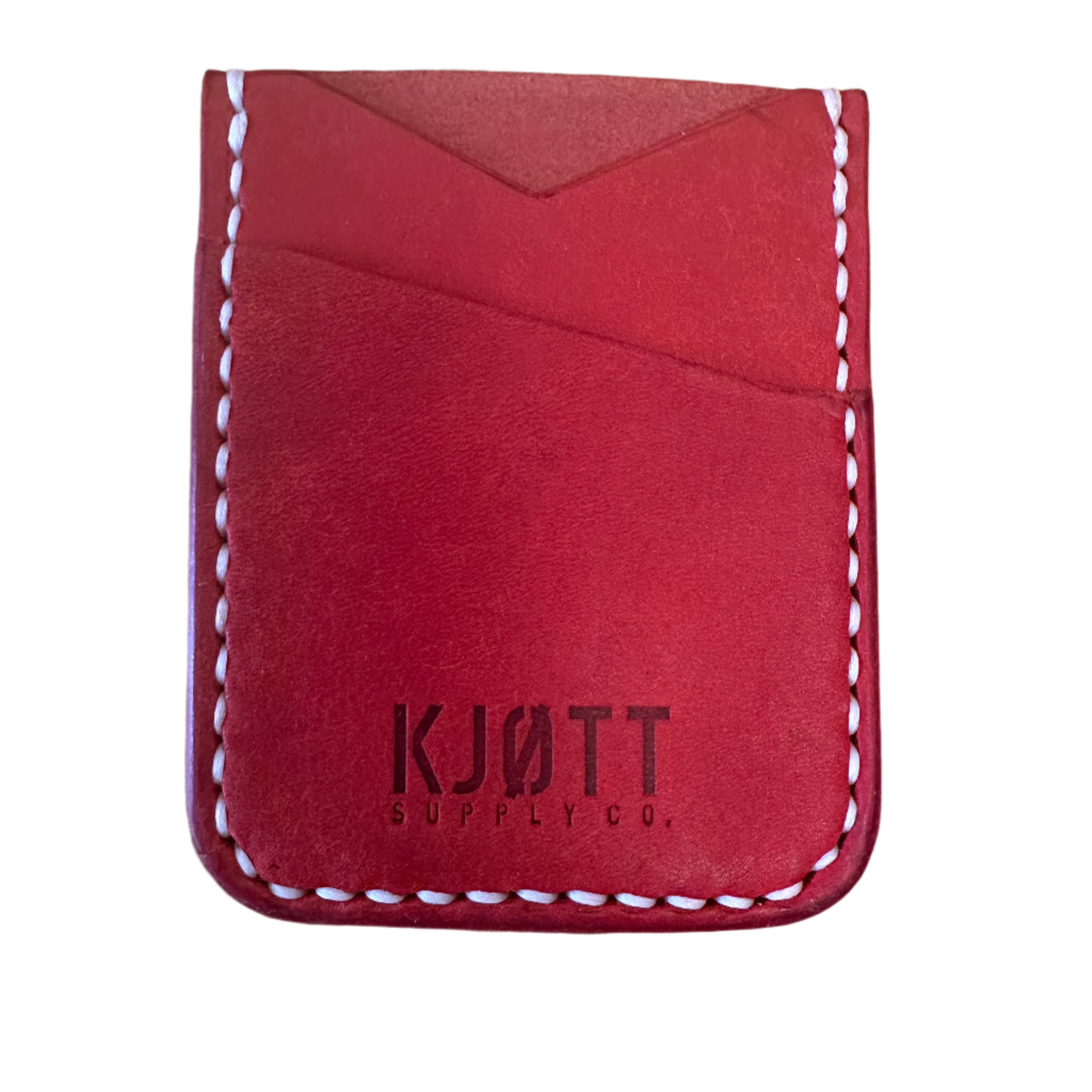 Kjøtt Leather 005 Vertical Card Holder Italian Papavero Red, white stitching, Kjøtt Supply Co. logo, luxury wallet.