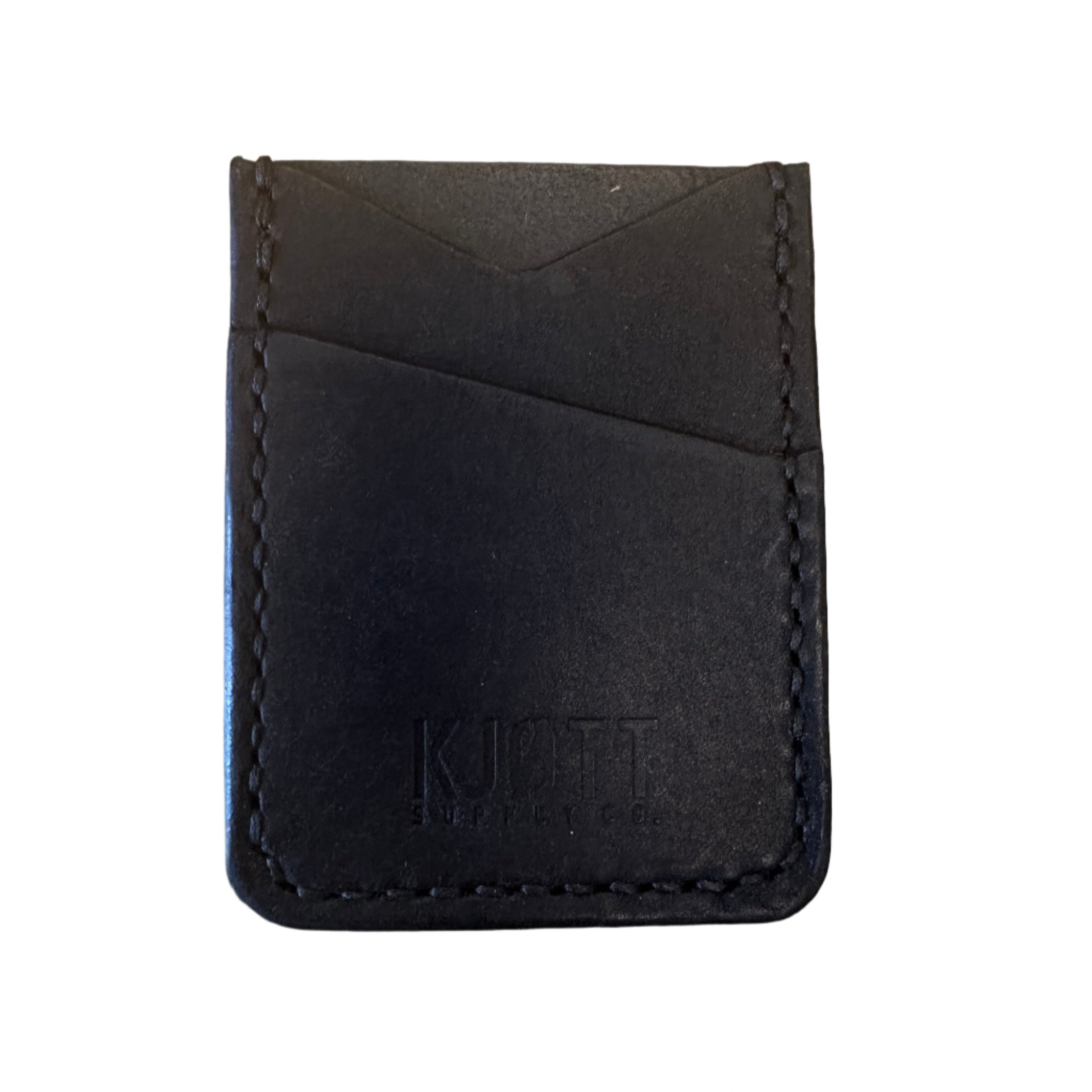 Kjøtt Supply Co Leather 005 Vertical Card Holder in Nero Black, stitched edges, embossed logo, luxury minimalist wallet.