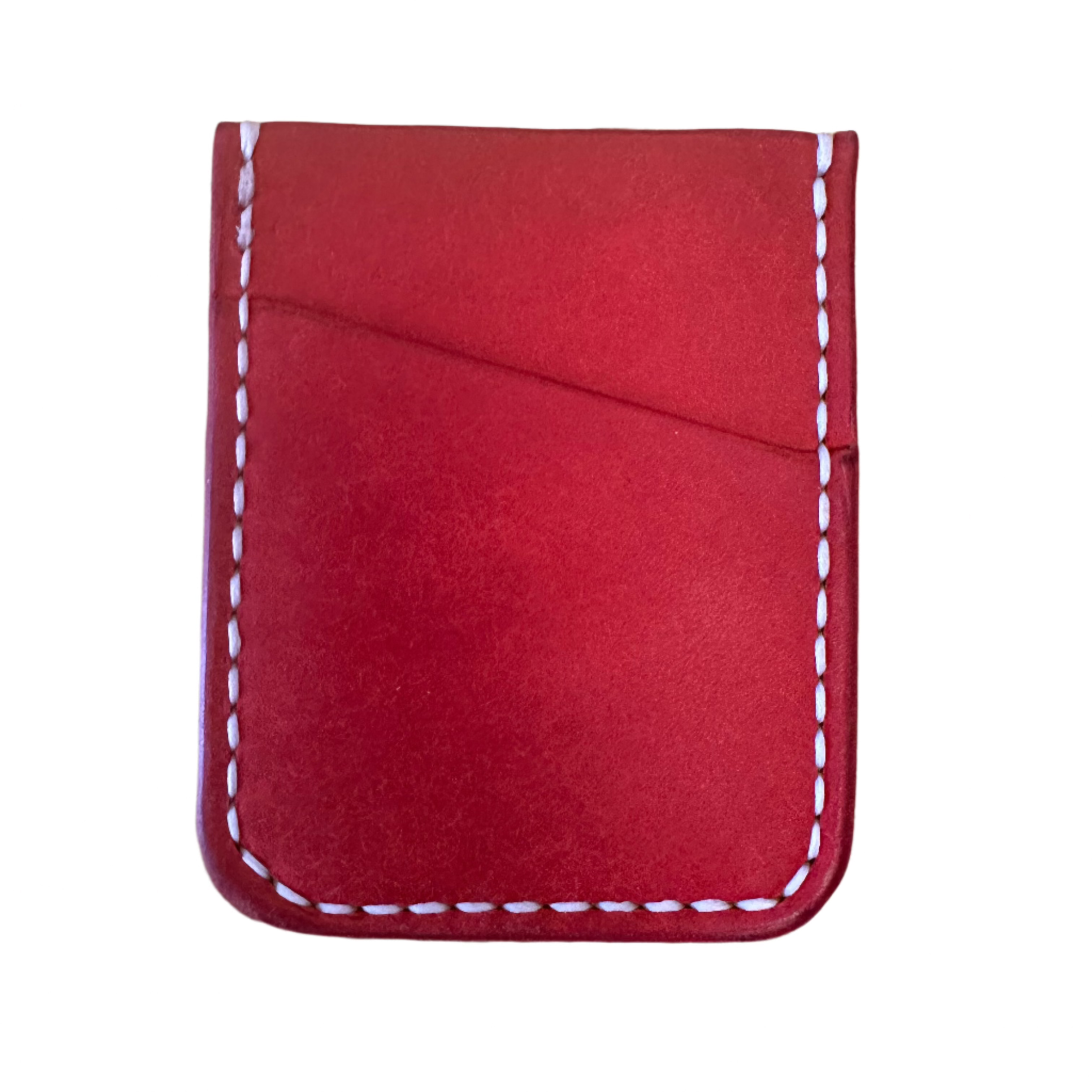 Kjøtt Supply Co Leather 005 vertical card holder in Italian Papavero Red, white stitching, one slot—premium minimalist wallet.