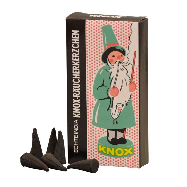 A box of KNOX Incense 24 Cones - Special Myrrh Real India features the text "Echte India Knox Räucherkerzchen" alongside an illustration of a KNOX smoking man enjoying a long pipe.