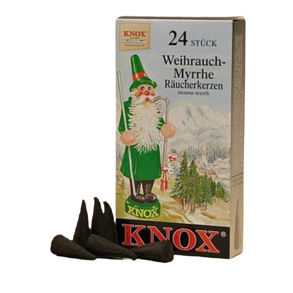 Box of KNOX Incense 24 Cones - Myrrh with a green rauchermann figure on the label and several black incense cones in front, perfect for use in traditional smoking men or other incense cone holders.