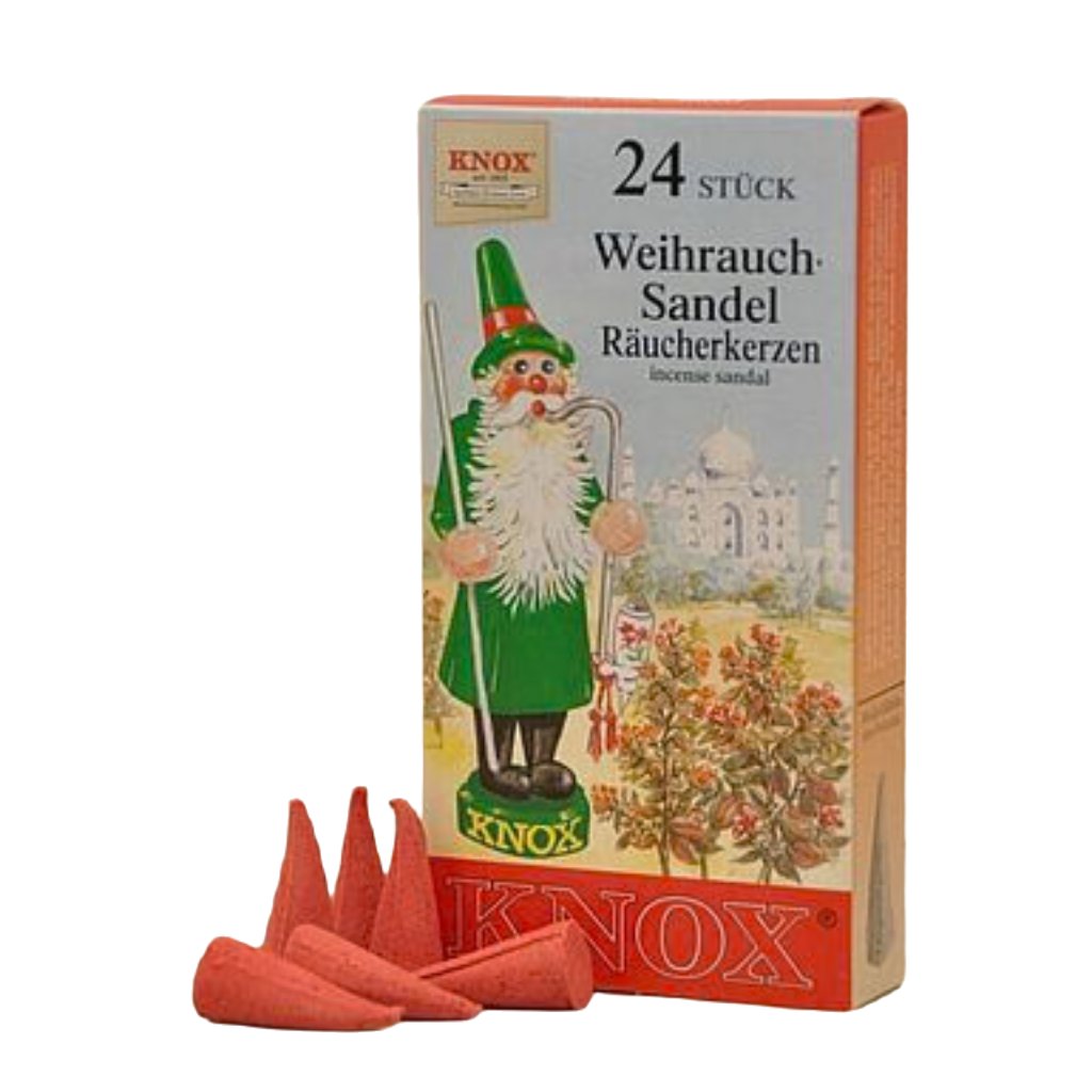 Box of KNOX Incense 24 Cones - Sandal featuring a figure in traditional attire printed on it, alongside several pink incense cones. This set complements your collection of KNOX smoking men and adds a touch of tradition to your aromatic experience.
