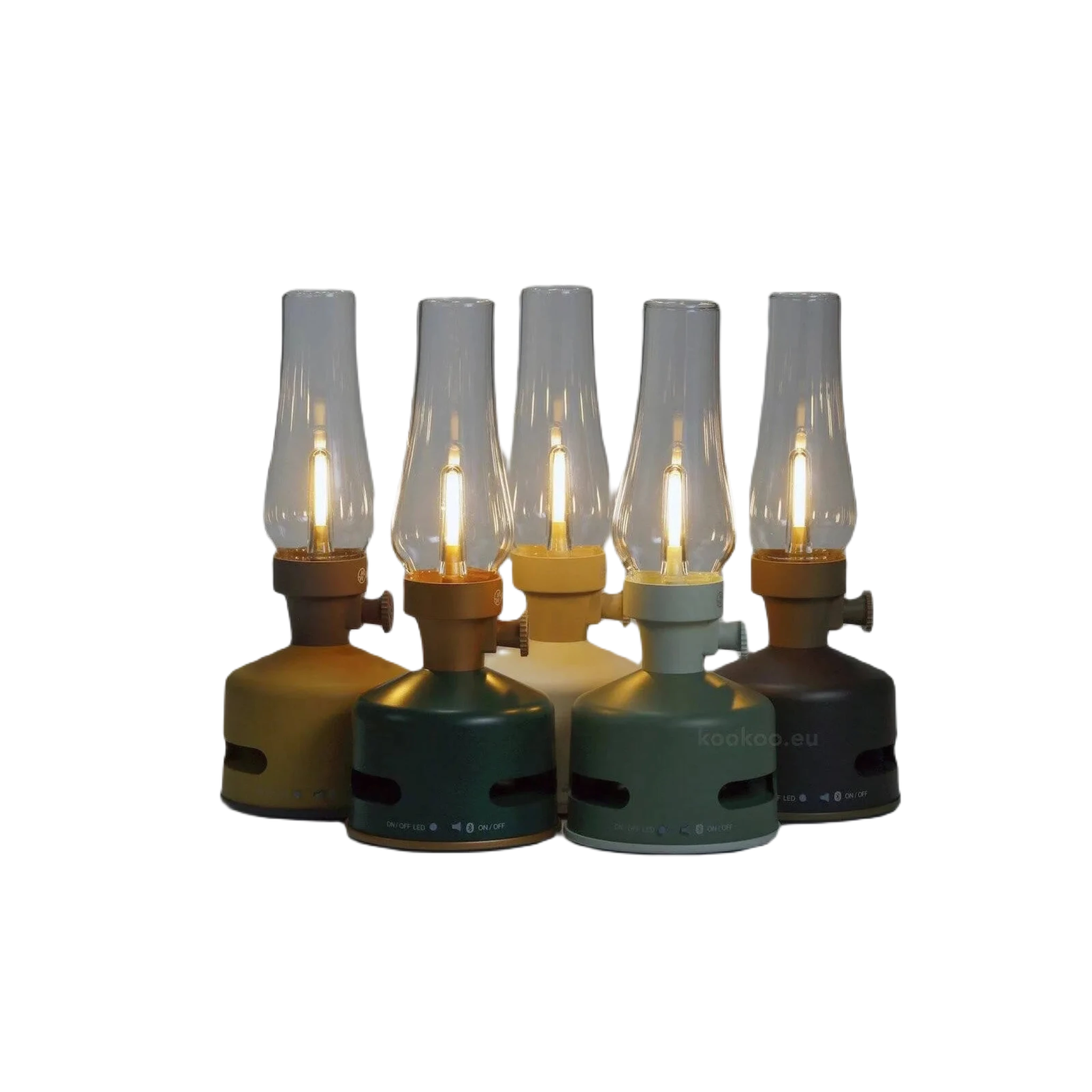 Five KOOKOO MoriMori Camp LED Lanterns & Loud Speakers in various colors (yellow, brown, white, green, and raspberry red) arranged in a semi-circle against a plain background create an ambiance reminiscent of a portable lamp collection.