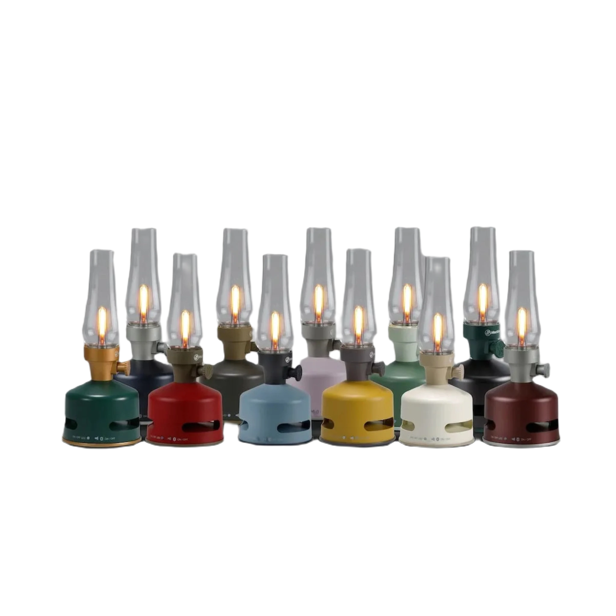 A collection of KOOKOO MoriMori Camp LED Lantern & Loud Speaker - Raspberry Red portable lamps with glass chimneys, all lit and displayed against a plain gray background. Some feature an integrated LED light with dimmer for adjustable brightness.