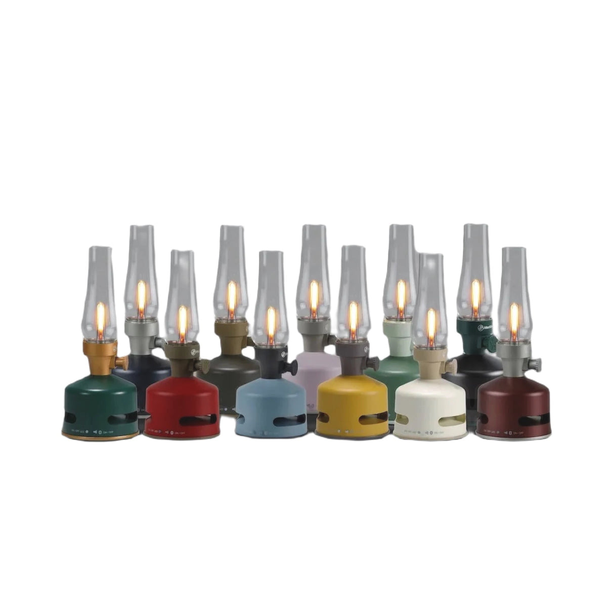 A collection of KOOKOO MoriMori Camp LED Lantern & Loud Speaker - Raspberry Red portable lamps with glass chimneys, all lit and displayed against a plain gray background. Some feature an integrated LED light with dimmer for adjustable brightness.