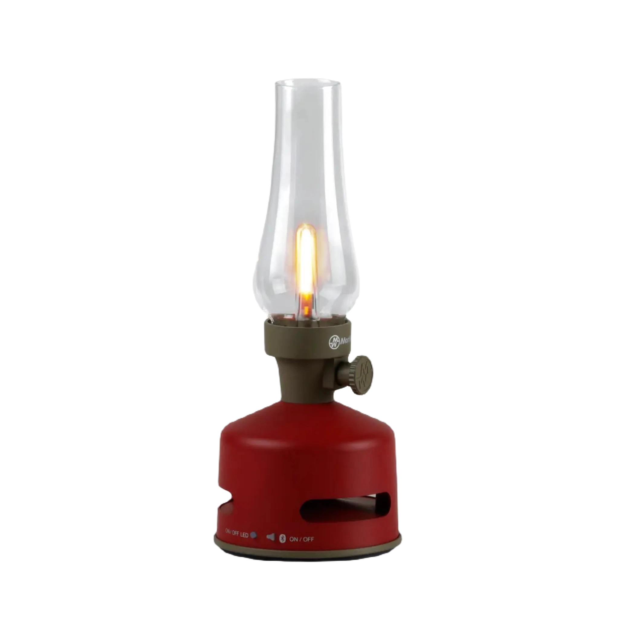 A Raspberry Red KOOKOO MoriMori Camp LED Lantern & Loud Speaker, featuring a vintage-style design with a clear glass chimney and visible flame, sits on a white background.