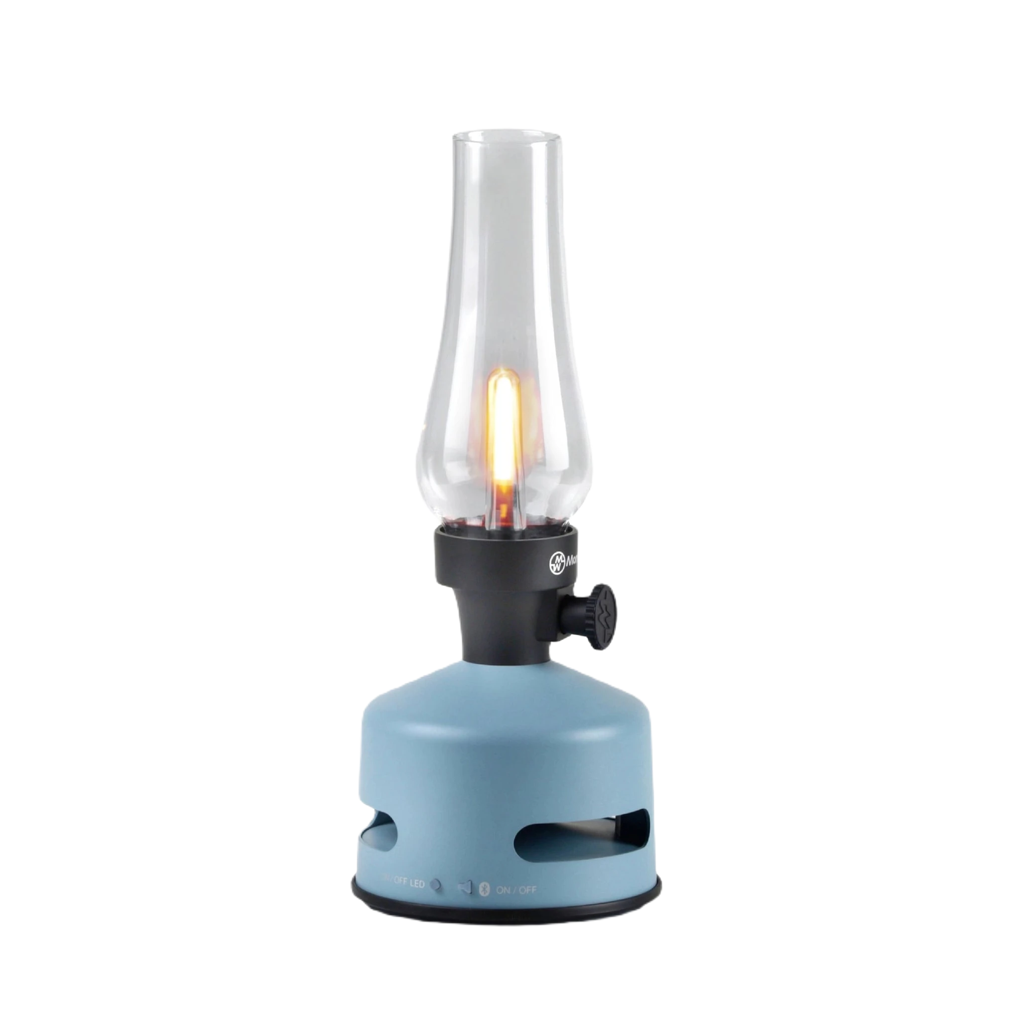 A sky blue KOOKOO MoriMori Camp LED Lantern & Loud Speaker featuring a clear glass chimney housing a small flame and a built-in dimmer.
