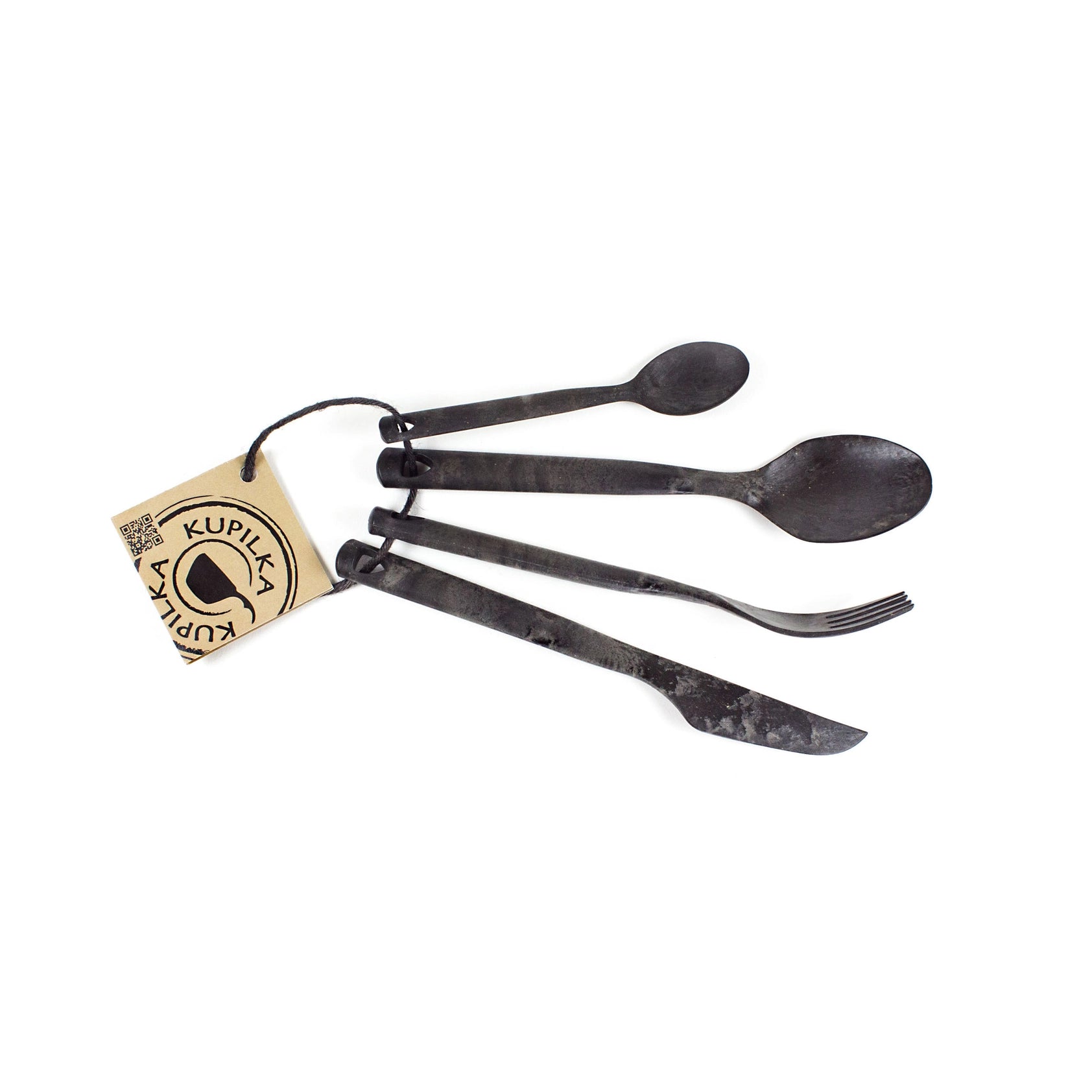 The Kupilka Cutlery Set - Black: durable Nordic camping utensils, eco-friendly, secured with string and branded tag for outdoor use.