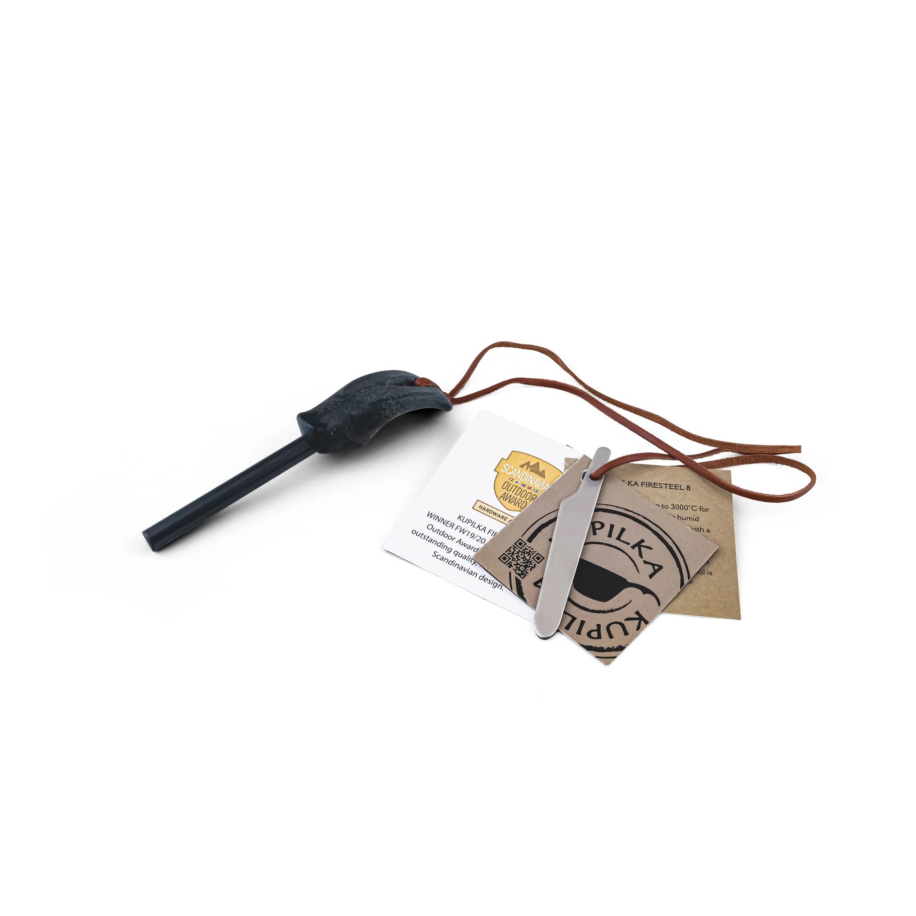 Kupilka Firesteel 8 Black kit with ferro rod, striker, durable leather cord, and clear instructions for outdoor fire starting.
