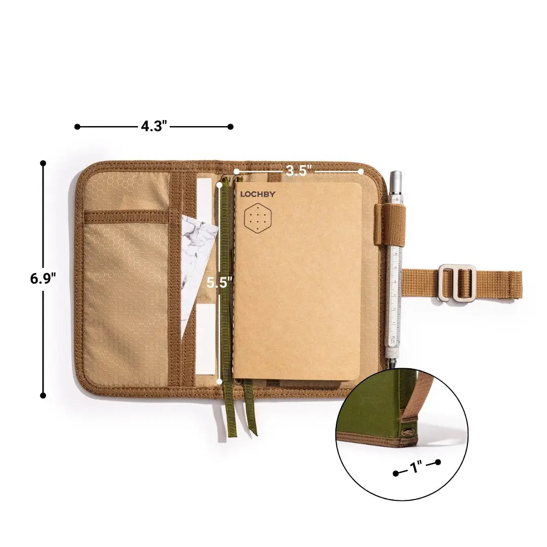 Lochby Mini Field Journal Olive fits notebook, pen, paper; includes 1-inch dimension marker for size reference. Perfect EDC organizer.