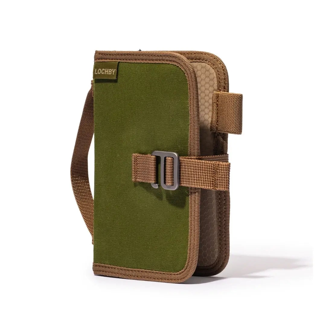 Shop the Lochby Mini Field Journal in Olive—upright on white, with durable strap and buckle. Perfect compact writing notebook case.