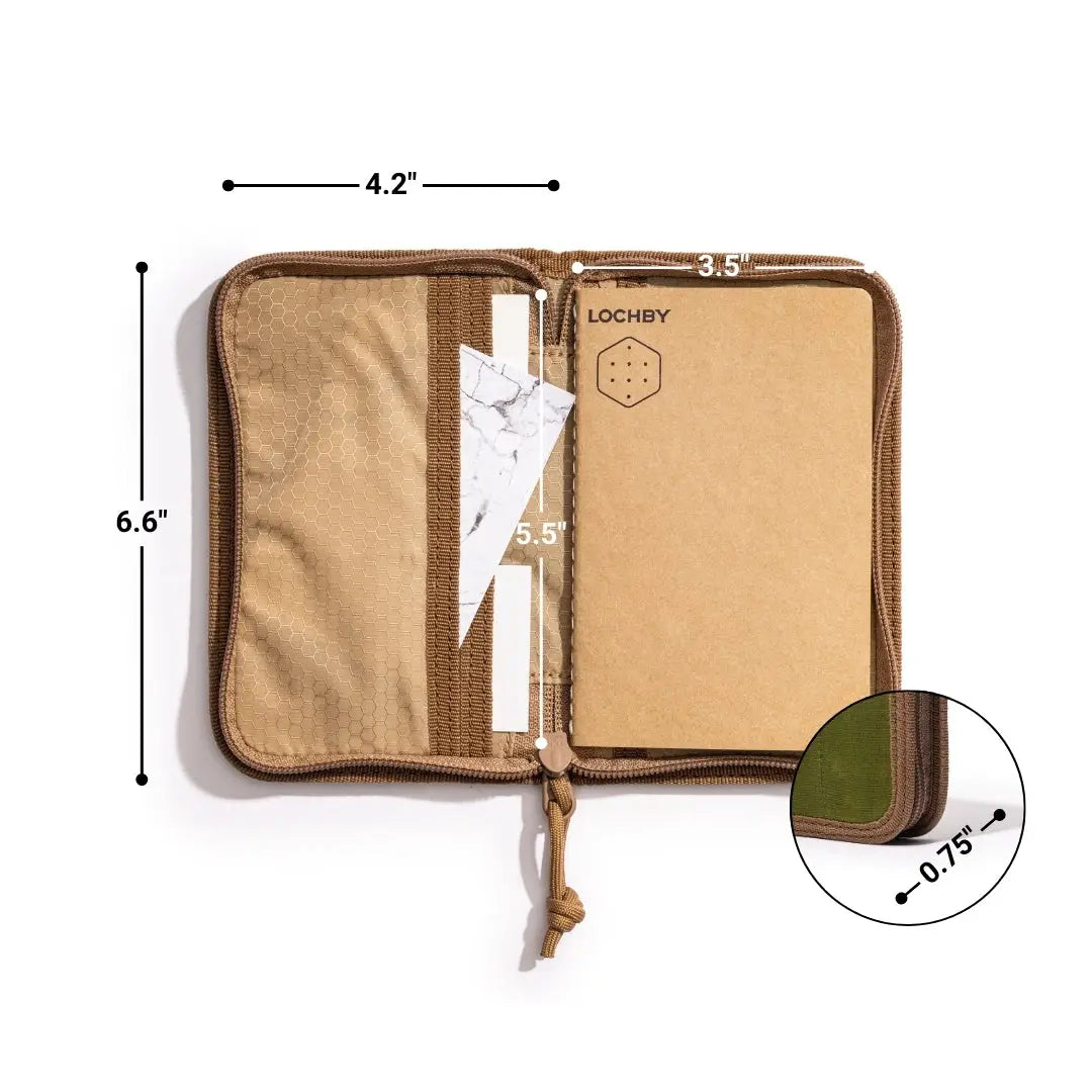Olive Lochby Pocket Journal in zippered case, size labeled in inches, with paper; compact travel notebook for notes.