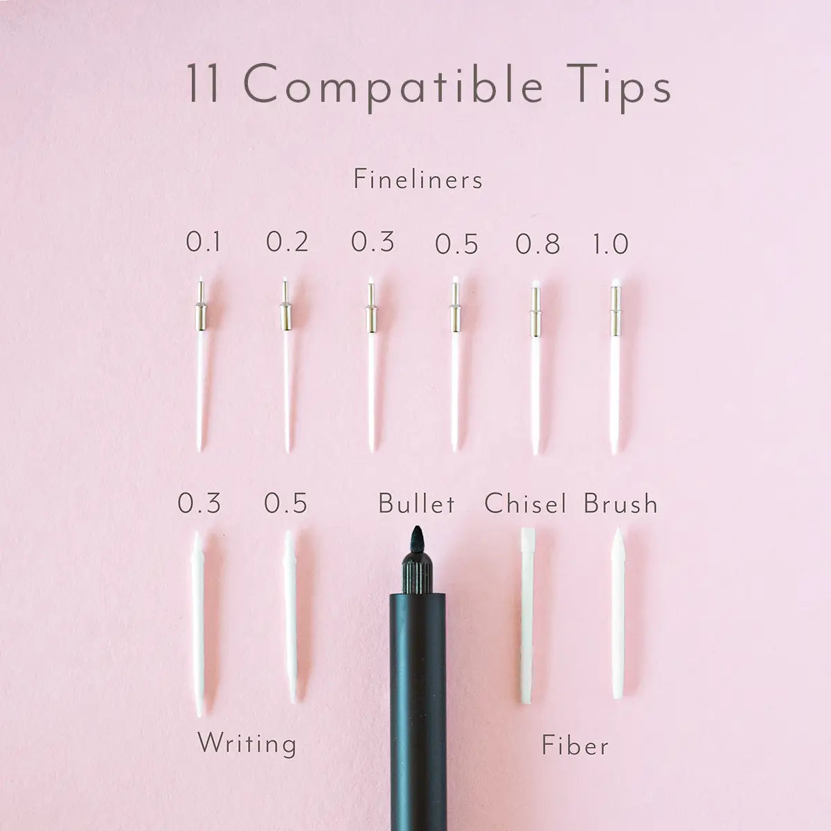 Tom’s Studio Lumos Full Creative Tip Set: 11 interchangeable fineliners, chisel, brush & calligraphy tips for artists.