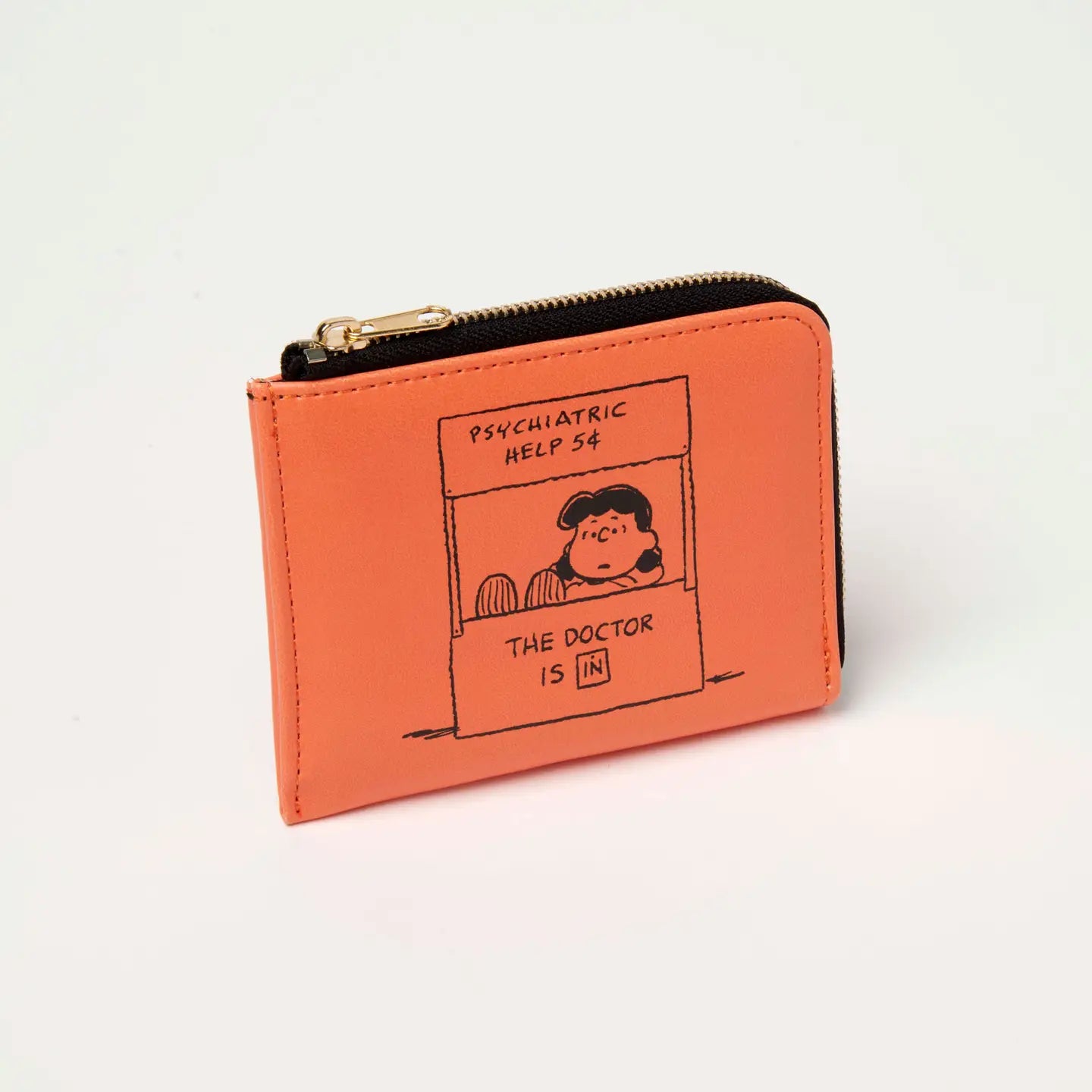 Vegan pleather Magpie Peanuts zip wallet with cartoon “Self-Care Money” booth graphic; cute, cruelty-free accessory.