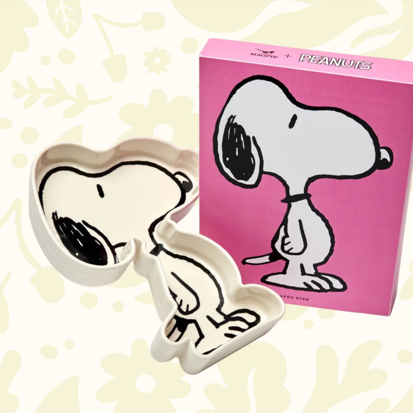 Forager Provisions LTD Snoopy shaped white and black vegan ceramic dish tray with its pink branded gift box.