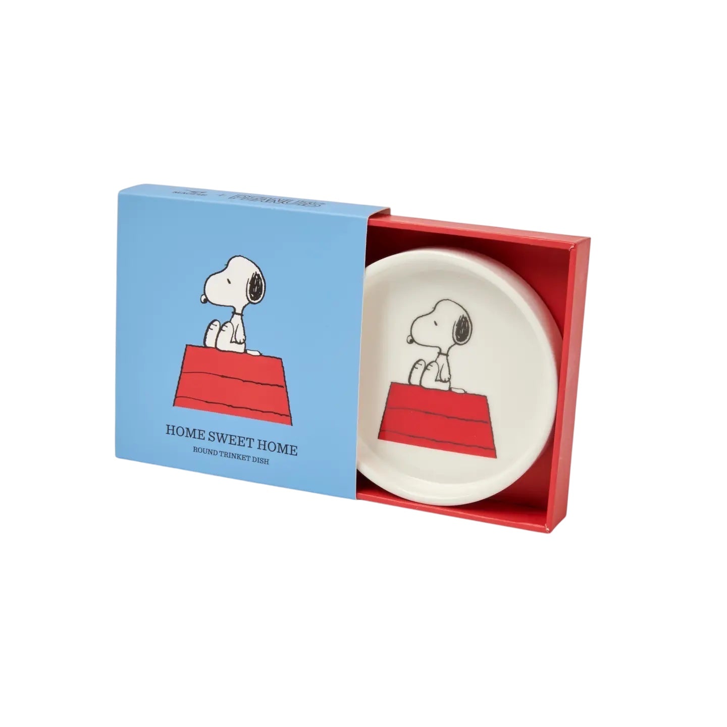 Magpie Snoopy Peanuts Home Sweet Home trinket dish shows Snoopy on red doghouse, collectible gift in blue box.