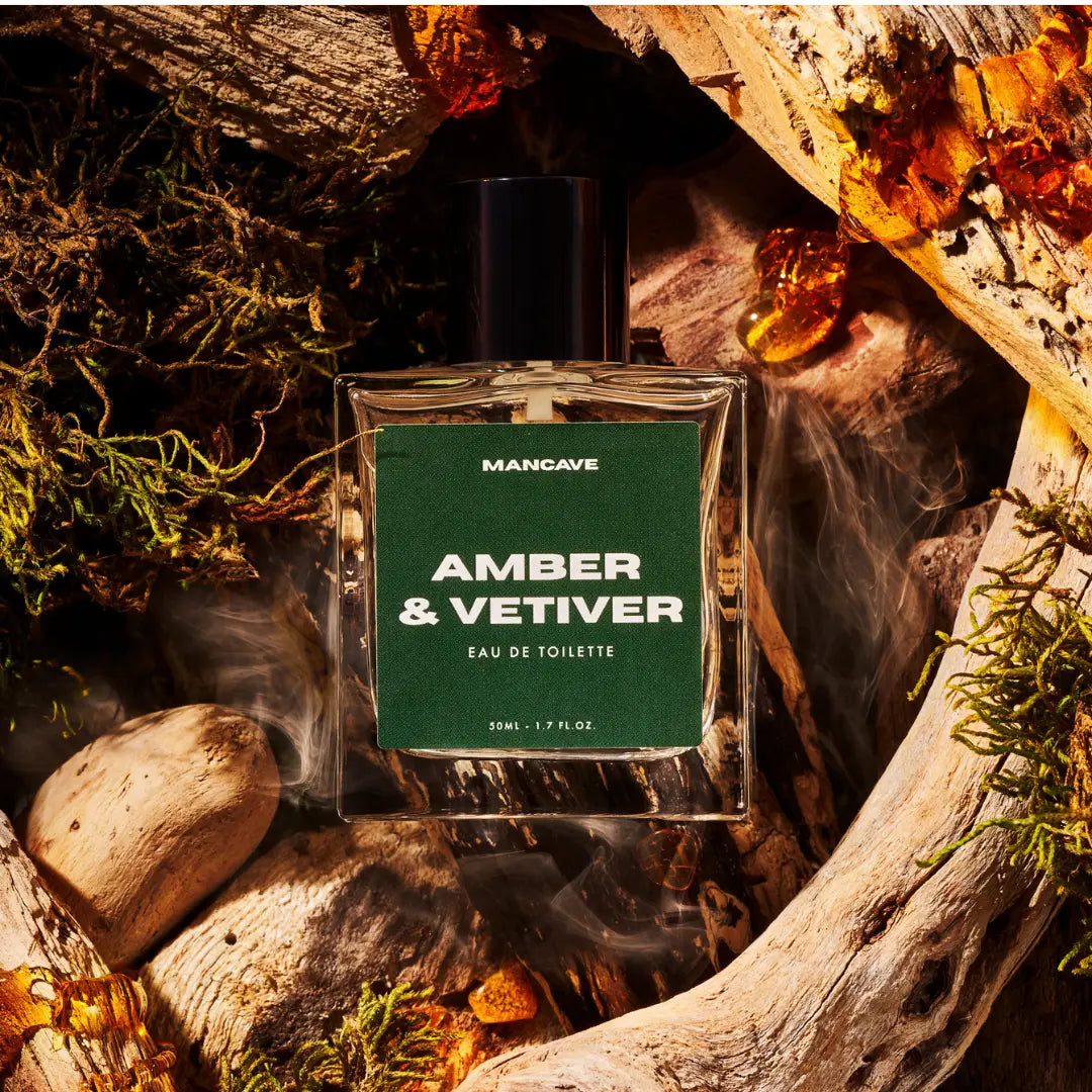 ManCave Amber & Vetiver Edt 50ml men’s spray, elegant fragrance with driftwood, moss, and amber notes. Long-lasting scent.