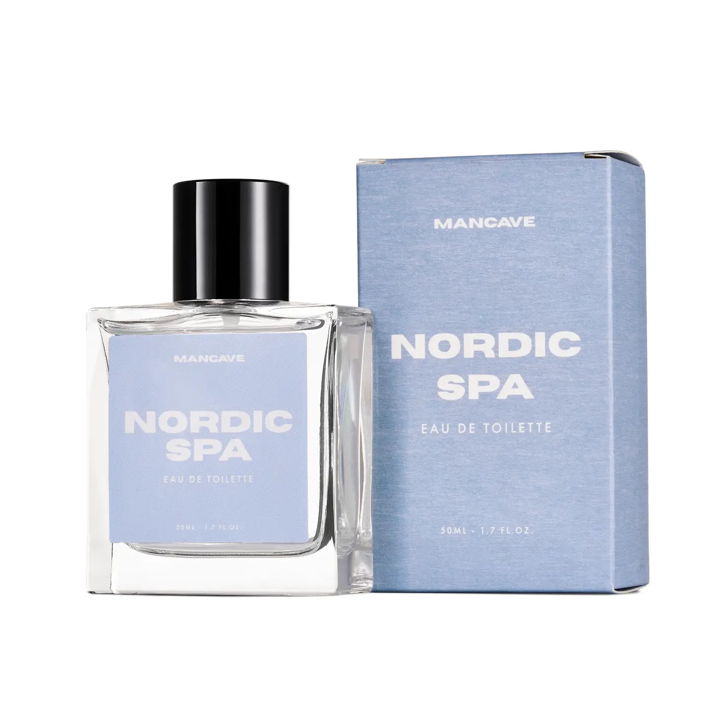 ManCave Nordic Spa Eau De Toilette Spray 50ml shown in a clear bottle next to its branded blue packaging box, premium men’s scent.