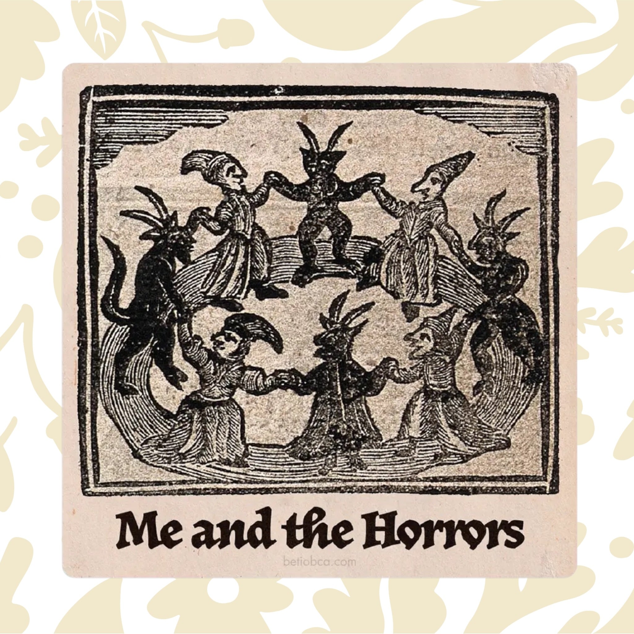 Betiobca Vinyl Sticker – Medieval dance, pointed hats, odd creatures, Gothic art, unique horror-inspired collectible design.