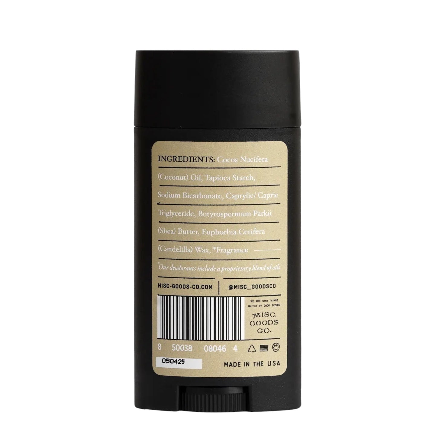 A black stick of deodorant labeled "Misc Goods Co Meadowland Natural Deodorant," featuring scents of hay, patchouli, and leather. It is aluminum-free and paraben-free, cruelty-free, and comes in Eco Smart Packaging.