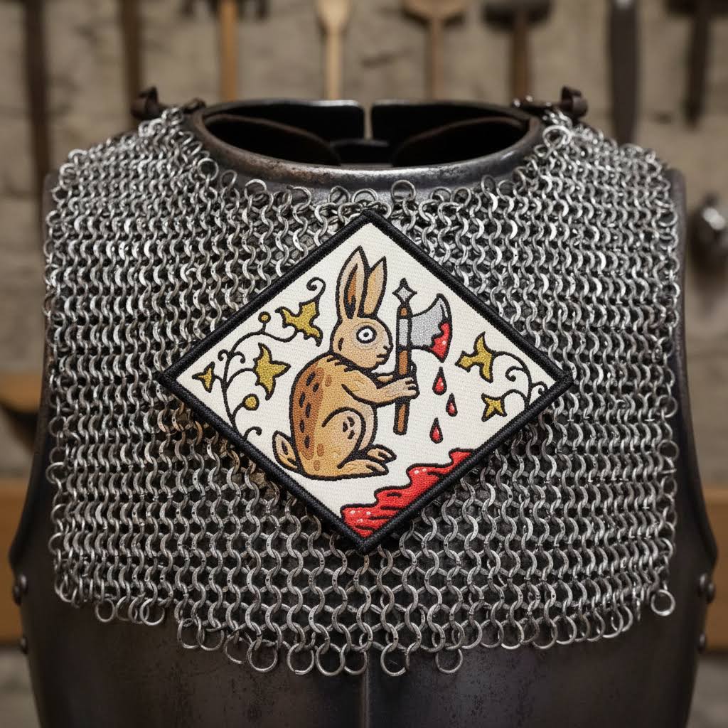 Forager Provisions LTD Cat Coven woven patch featuring a medieval rabbit with an axe on chainmail armor