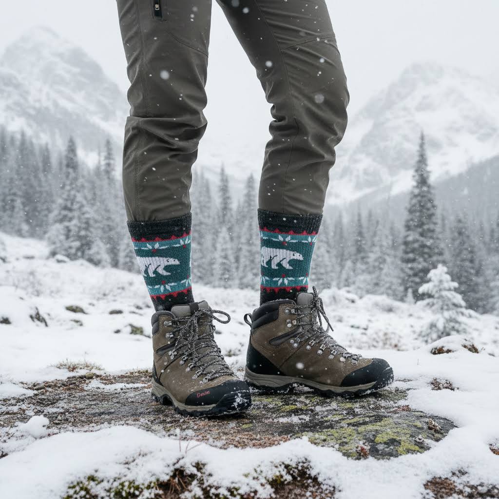 Forager Provisions LTD Darn Tough Vangrizzle charcoal merino wool hiking socks with polar bear pattern in snowy mountains