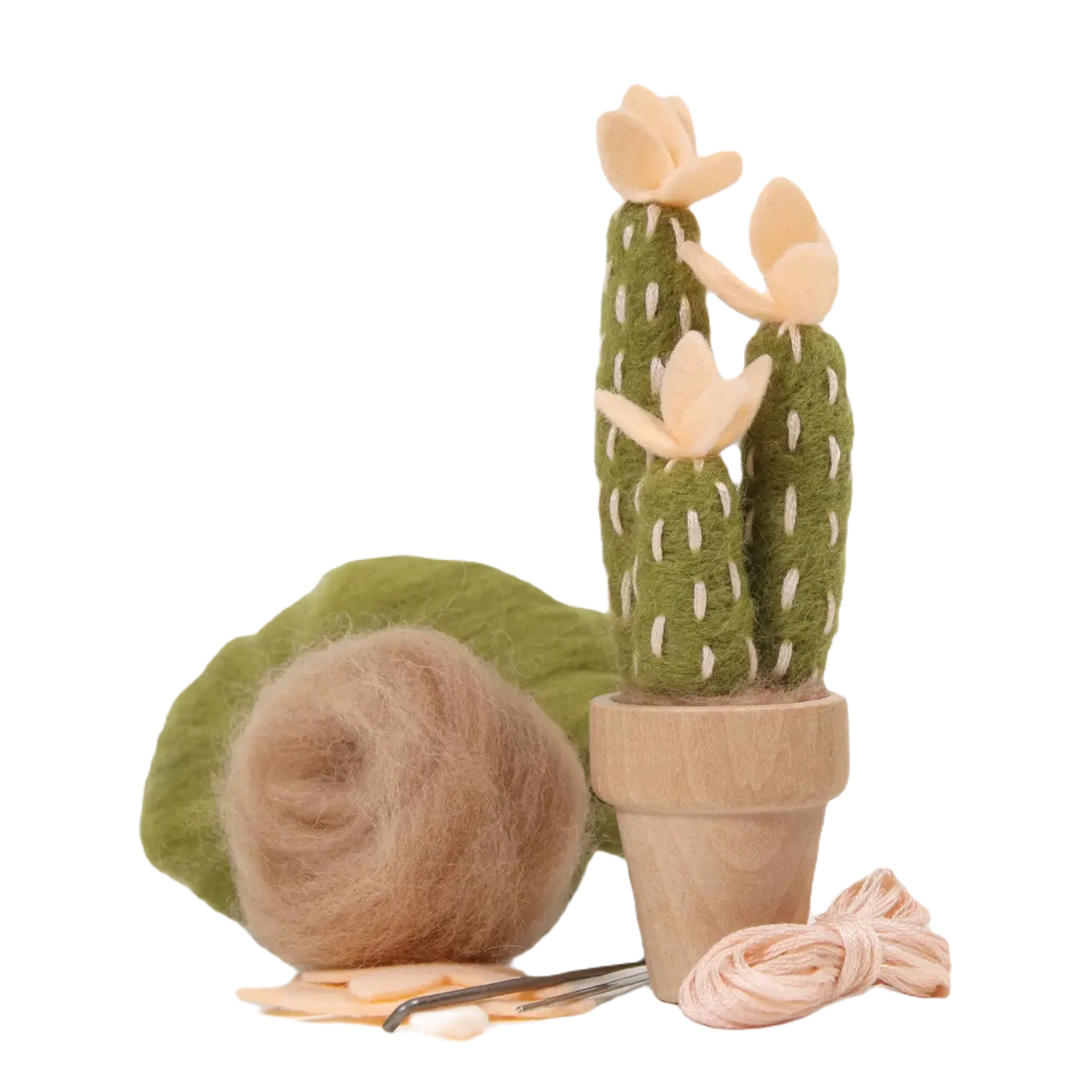 The Benzie Design Felt DIY Kit Peach Mojave Cactus features a hand-crafted green felt cactus adorned with delicate peach flowers in a small pot, surrounded by crafting supplies like yarn and needles. It’s the perfect addition to any needle felting kit and provides a fun DIY craft activity for both children and adults.