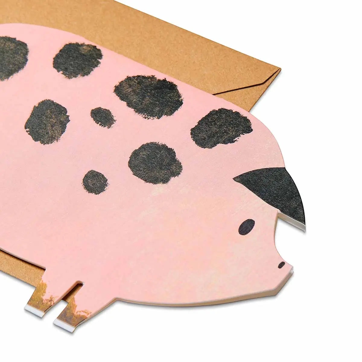 Forager Provisions LTD Mortlake Papers birthday card featuring a pink pig with black spots and a brown envelope