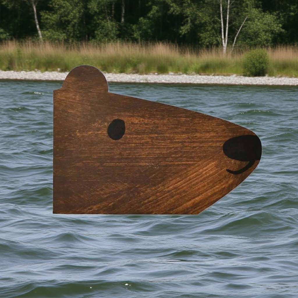 Forager Provisions LTD Mortlake Papers brown bear shaped greeting card made from recycled paper on a lake background