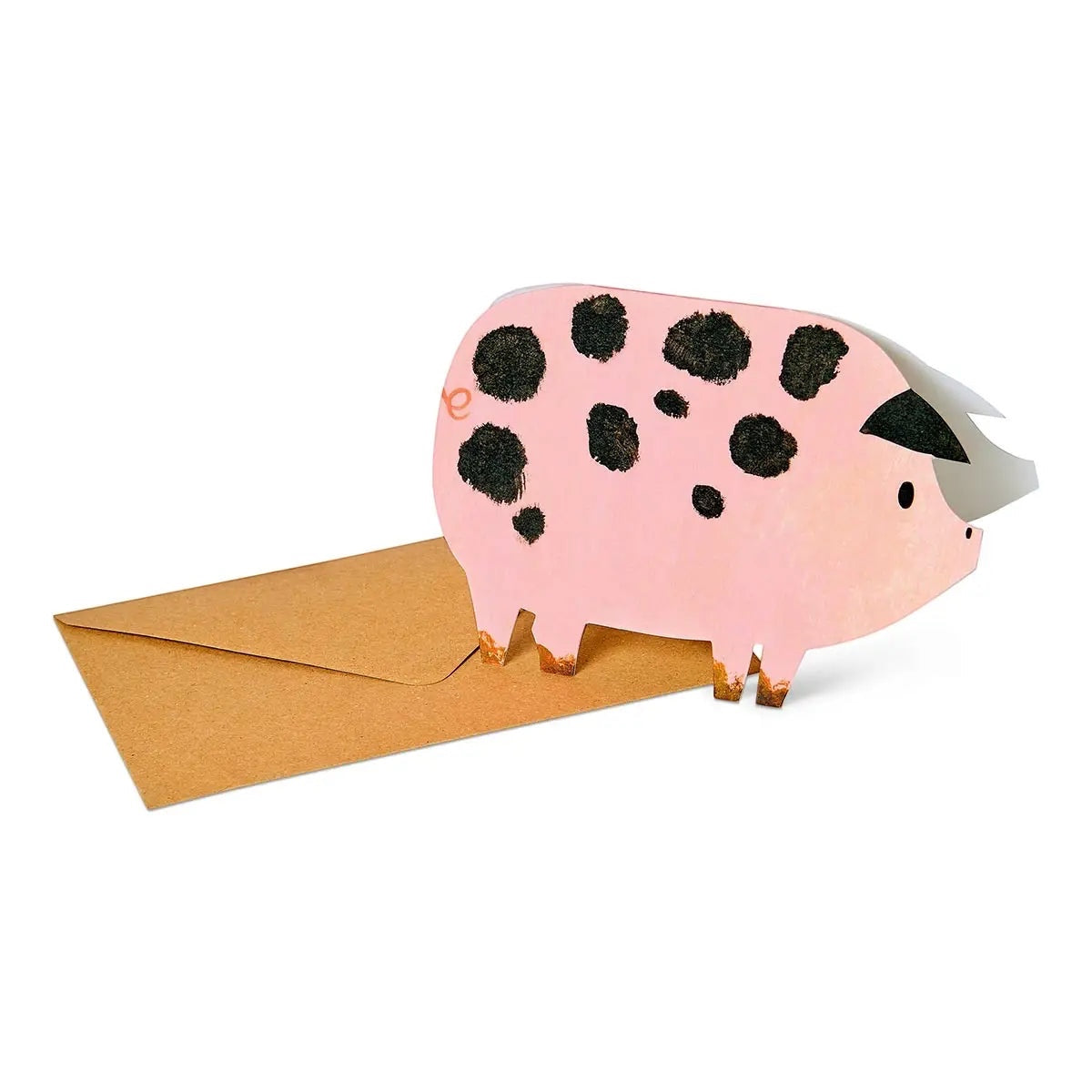 Forager Provisions LTD Mortlake Papers birthday card featuring a die-cut pink pig with black spots and a brown envelope.