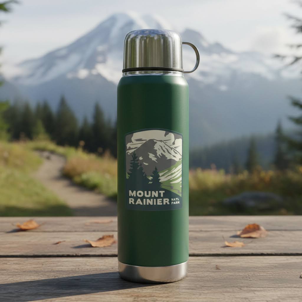 Forager Provisions LTD vinyl Mount Rainier National Park sticker on a green insulated water bottle outdoors