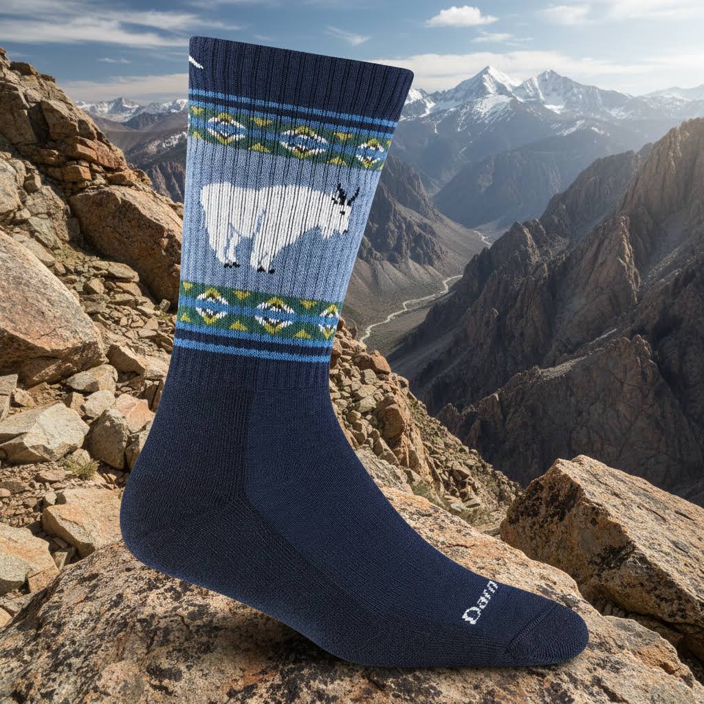 Forager Provisions LTD Darn Tough blue merino wool hiking socks with mountain goat pattern and midweight cushioning