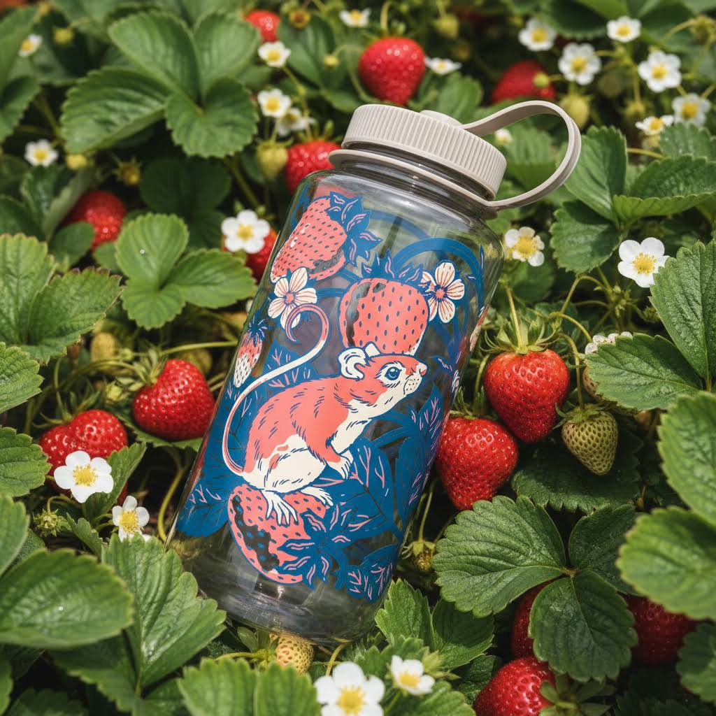 Forager Provisions LTD 32oz Nalgene water bottle with Kate O’Hara strawberry and mouse print in a strawberry patch.