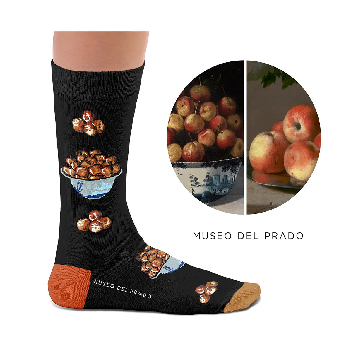 Black socks with orange toe and chestnut Apple Bowl art by Tomás Hiepes—perfect gift for art lovers, Sock Affairs.