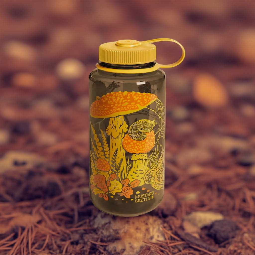 Mustard Beetle 32oz Mushroom & Toad Woodmans Nalgene Water Bottle